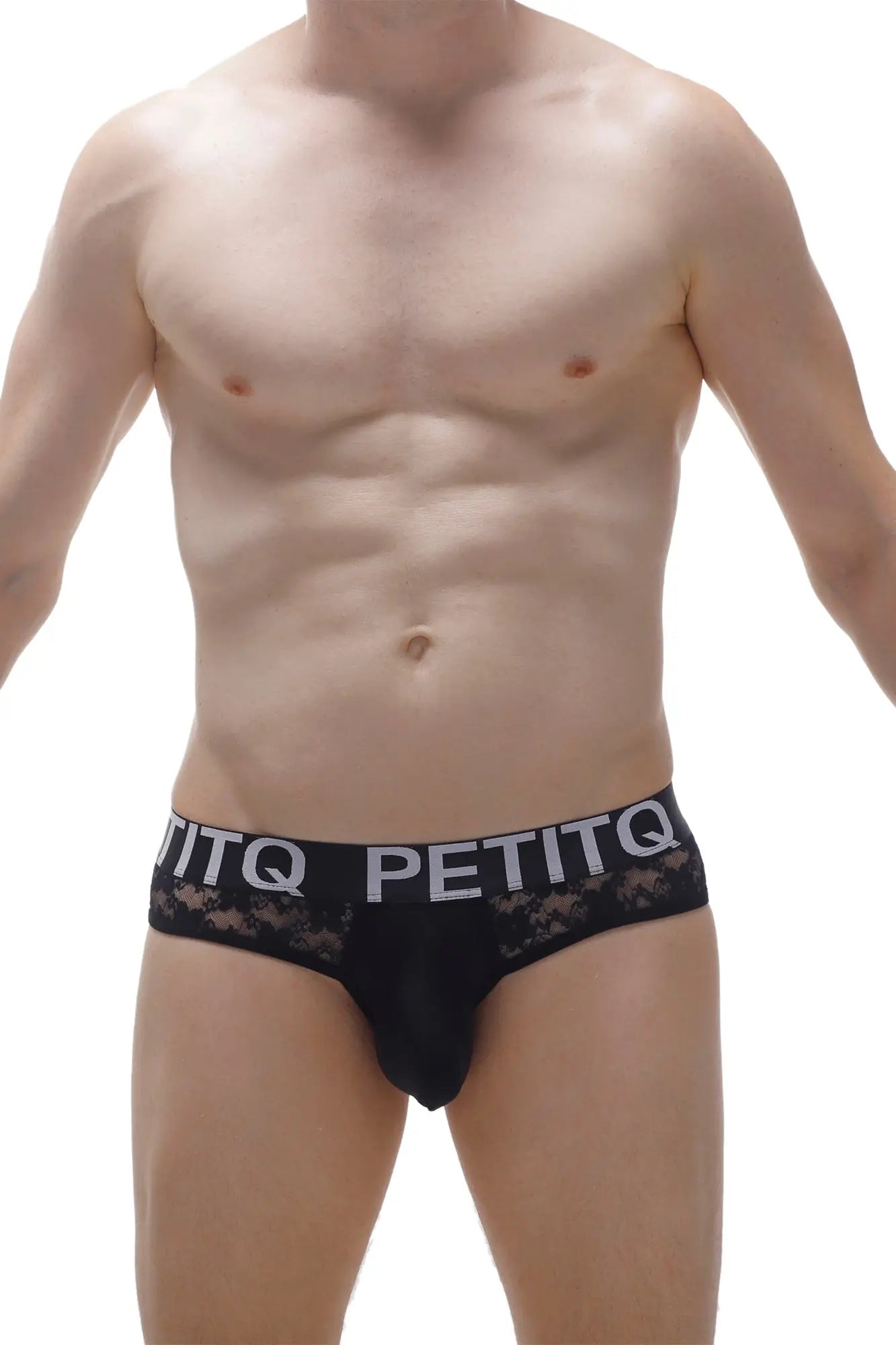 Black lace-trimmed men’s briefs in black with petitq branded waistband from the brief jans lace collection