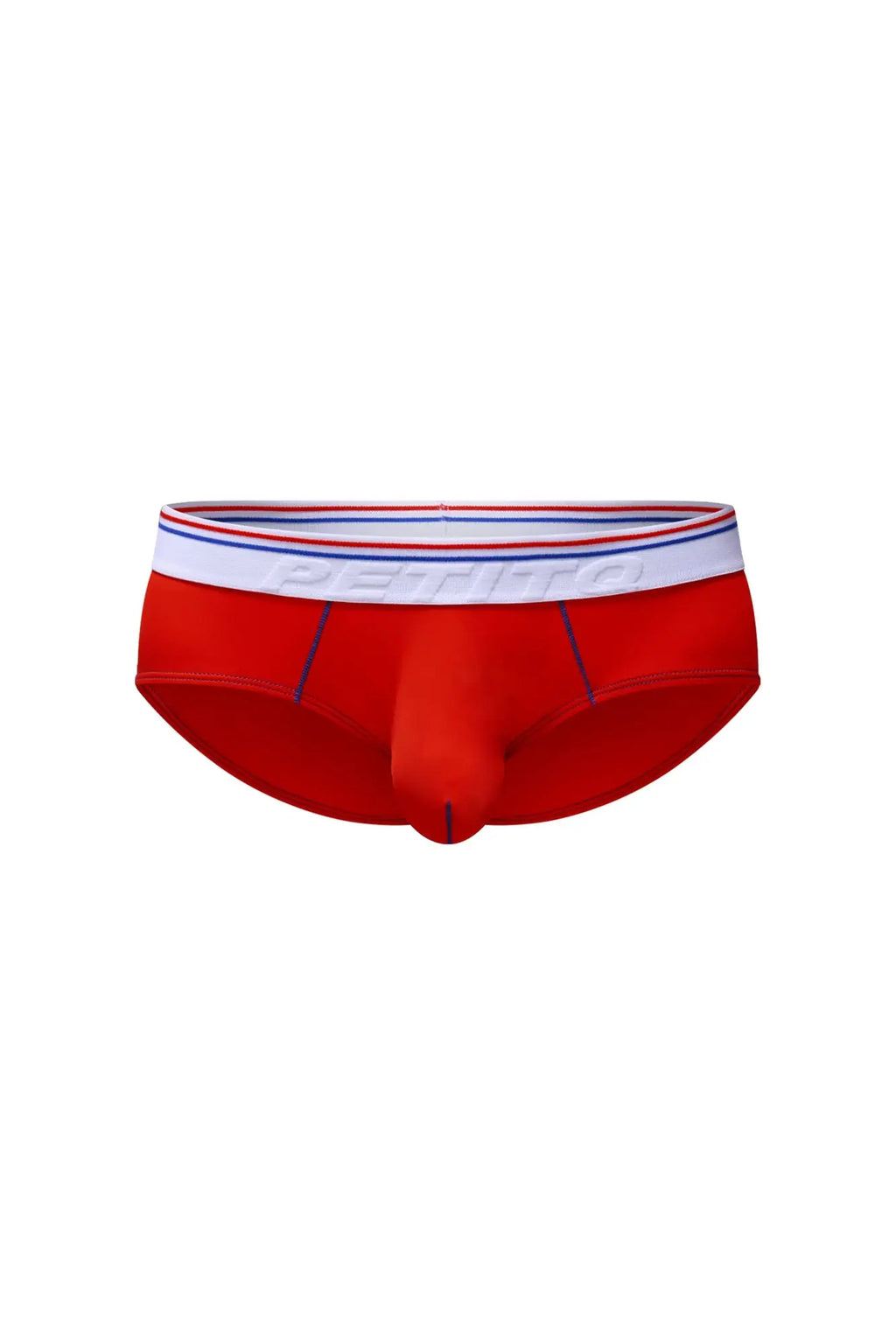 Red men’s briefs brief lordat with white elastic waistband featuring blue and red stripes embossed petitbag branding