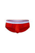 Red men’s briefs brief lordat with white elastic waistband featuring blue and red stripes embossed petitbag branding