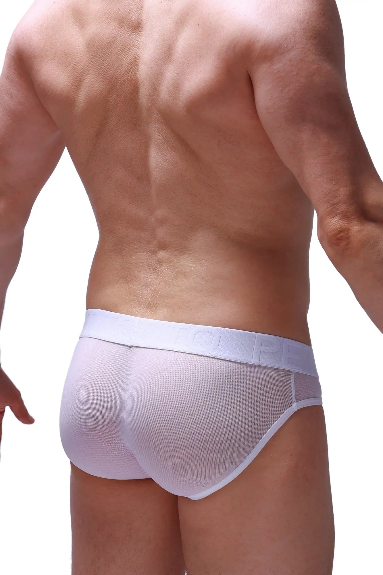 White mesh briefs with a smooth elastic waistband made of breathable net material for comfortable everyday wear