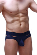 Navy blue mesh briefs with cutout sides and a solid waistband from the brief malans bee navy collection