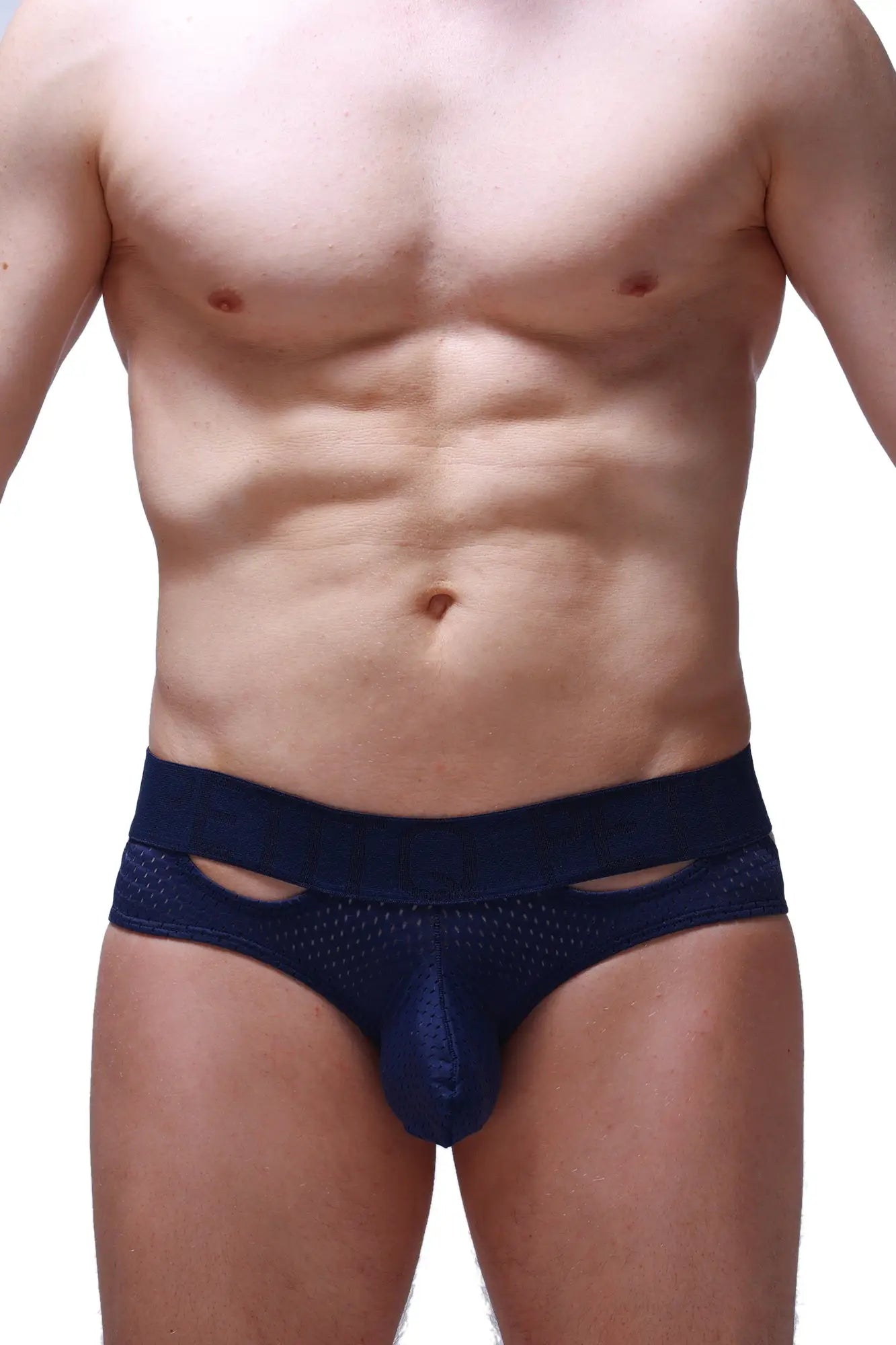Navy blue mesh briefs with solid waistband and cutout details from Brief Malans Bee collection front view