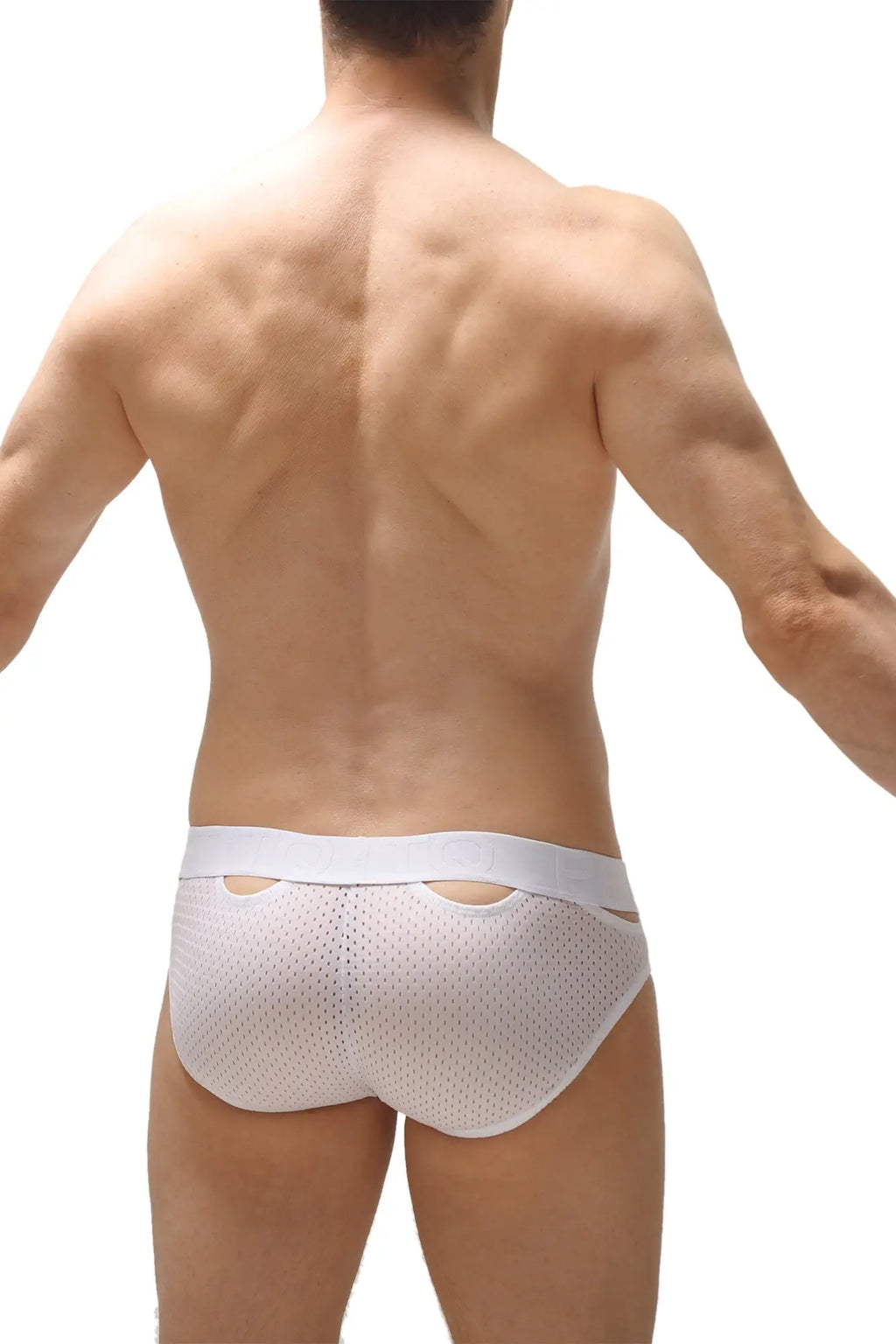 Brief malans bee white white mesh briefs with solid waistband and cutout details front view