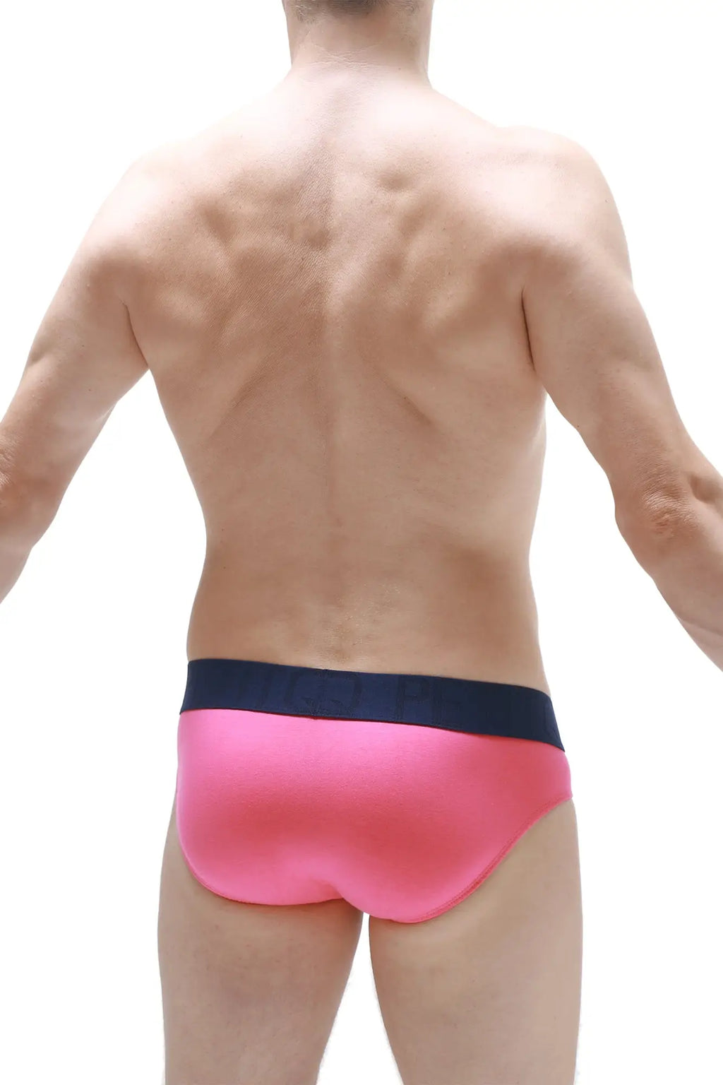 Brief matraux fuchsia bright pink swim trunks with navy blue waistband for casual beachwear
