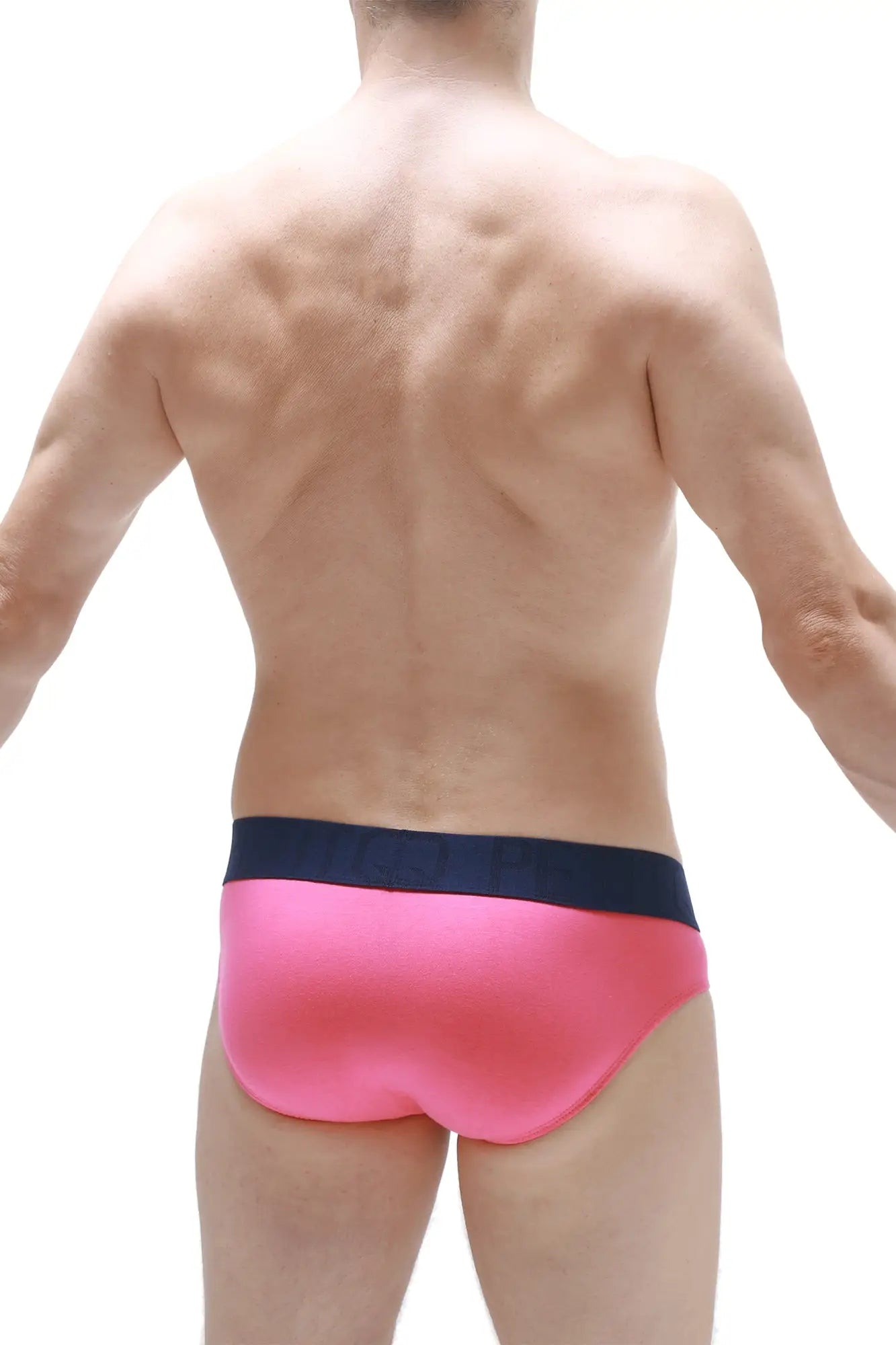 Brief matraux fuchsia bright pink swim trunks with navy blue waistband for casual beachwear