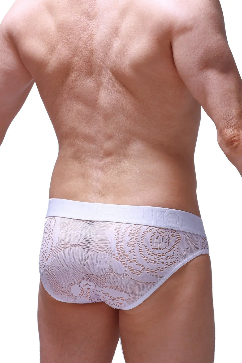 Brief mega bulge coudray white lace briefs with intricate pattern and solid white waistband front view