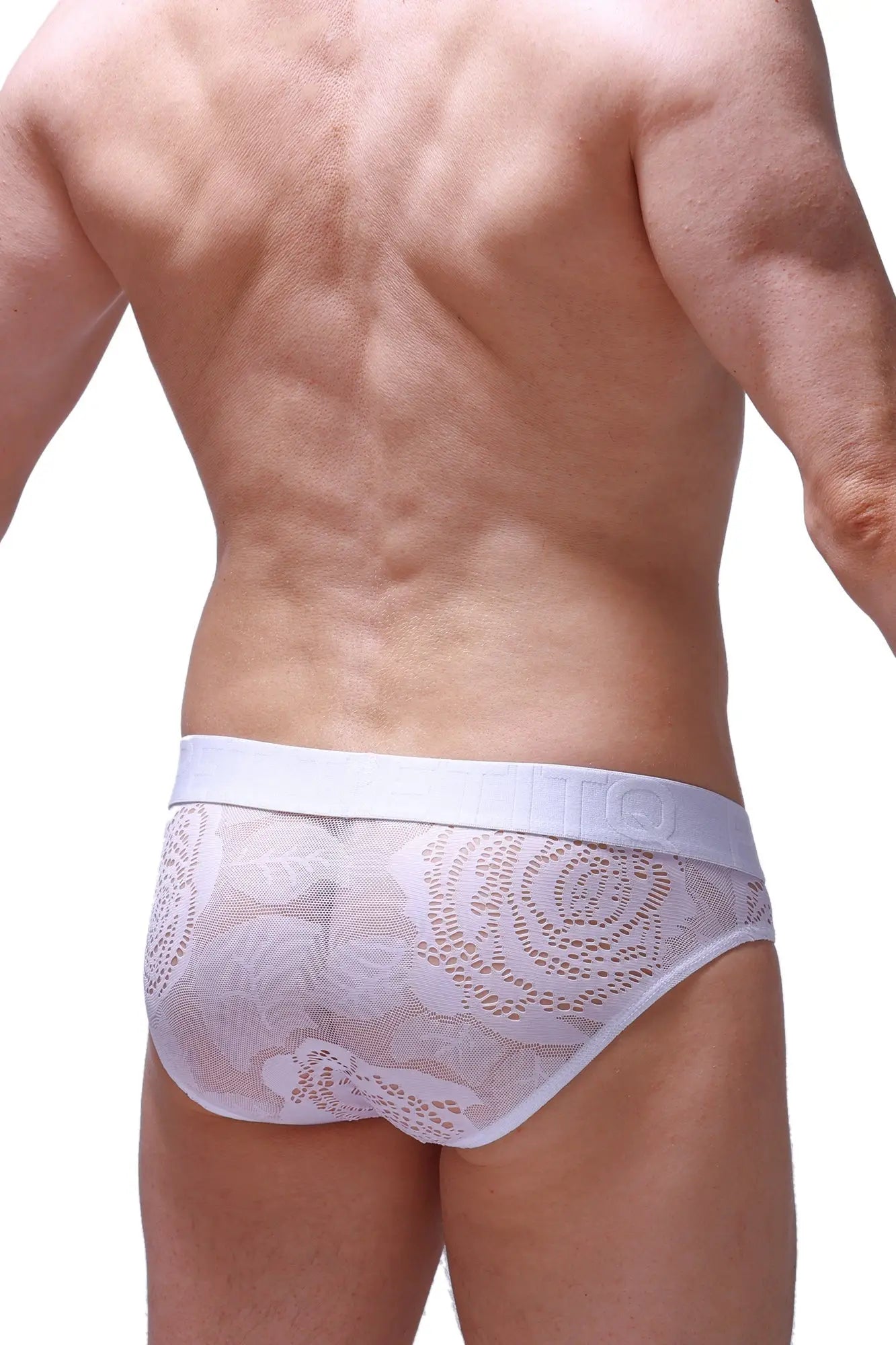 Brief mega bulge coudray white lace briefs with intricate pattern and solid white waistband front view