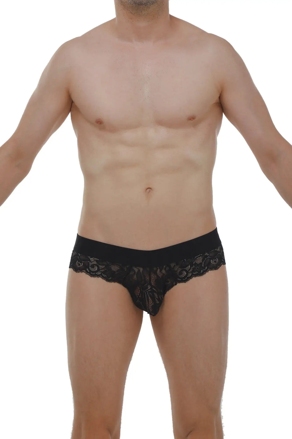 Brief miers lace black black lace underwear with intricate floral patterns and a solid waistband front view