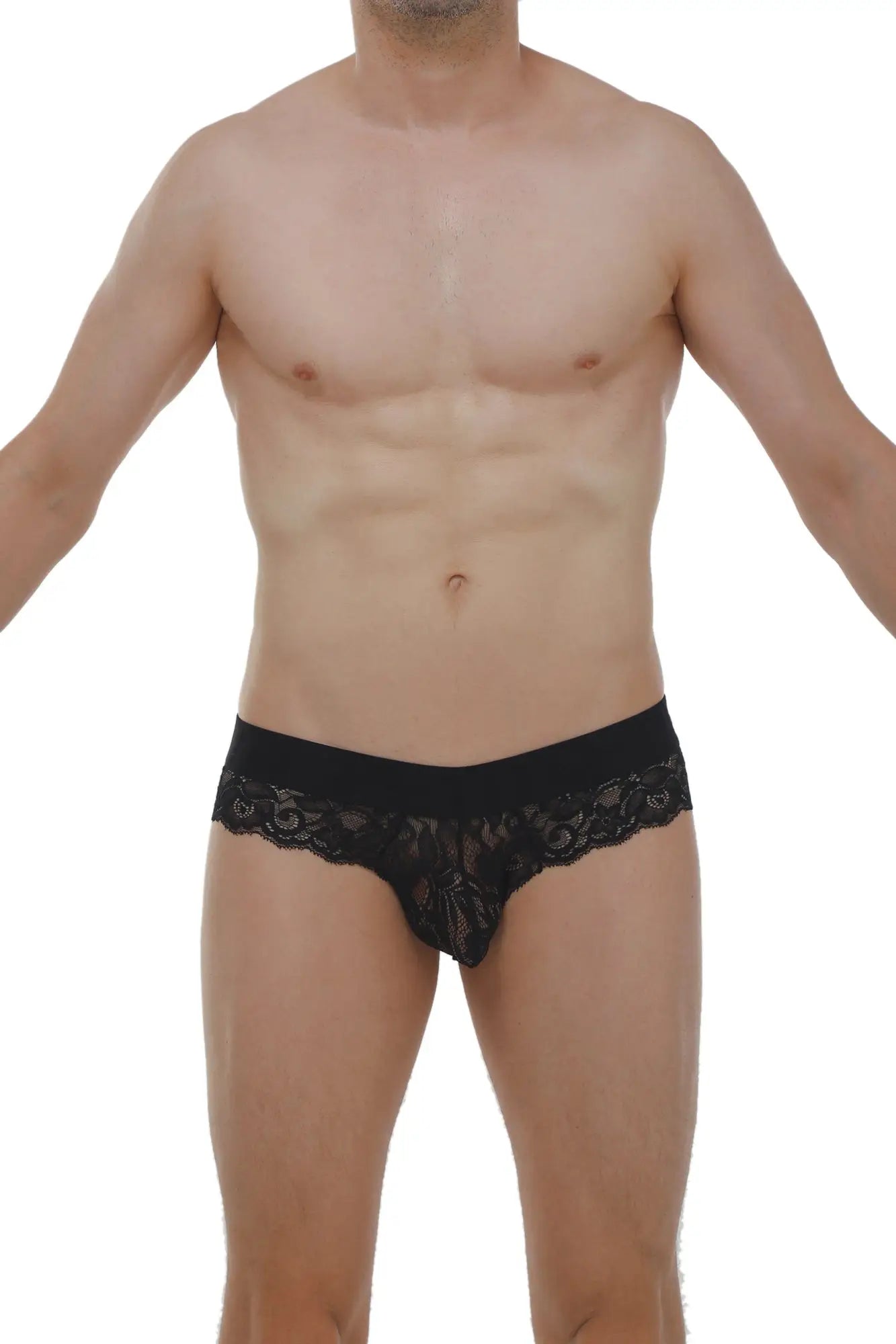 Brief miers lace black black lace underwear with intricate floral patterns and a solid waistband front view