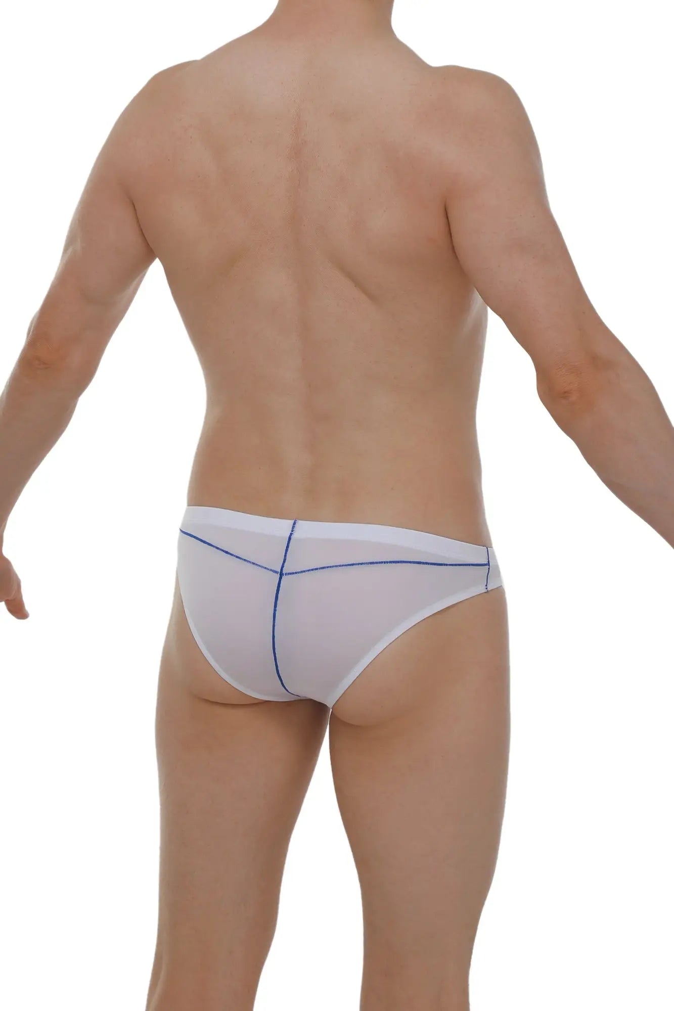 White mesh briefs with blue stitching details from brief mison plum white collection showing front view