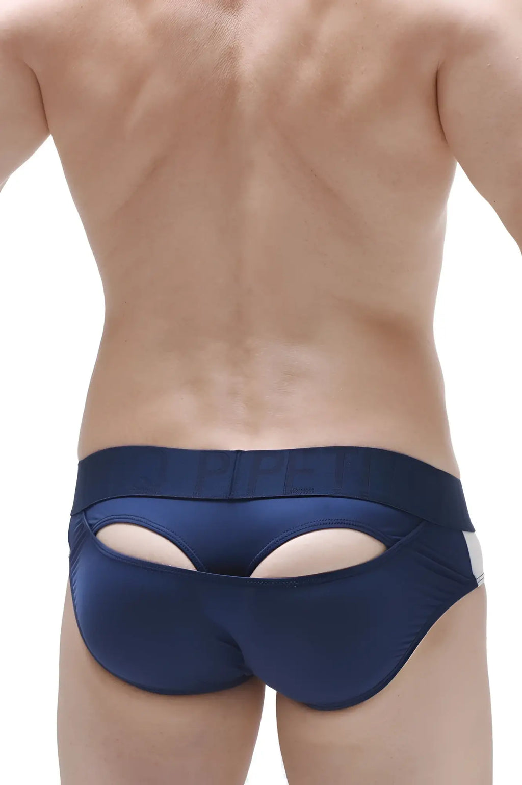 Navy blue satin briefs with white trim and a distinctive cutout design on the side brief moonshine plum navy