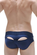 Navy blue satin briefs with white trim and a distinctive cutout design on the side brief moonshine plum navy