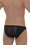 Black mesh briefs with a solid black waistband from brief myennnes designed for breathable comfort