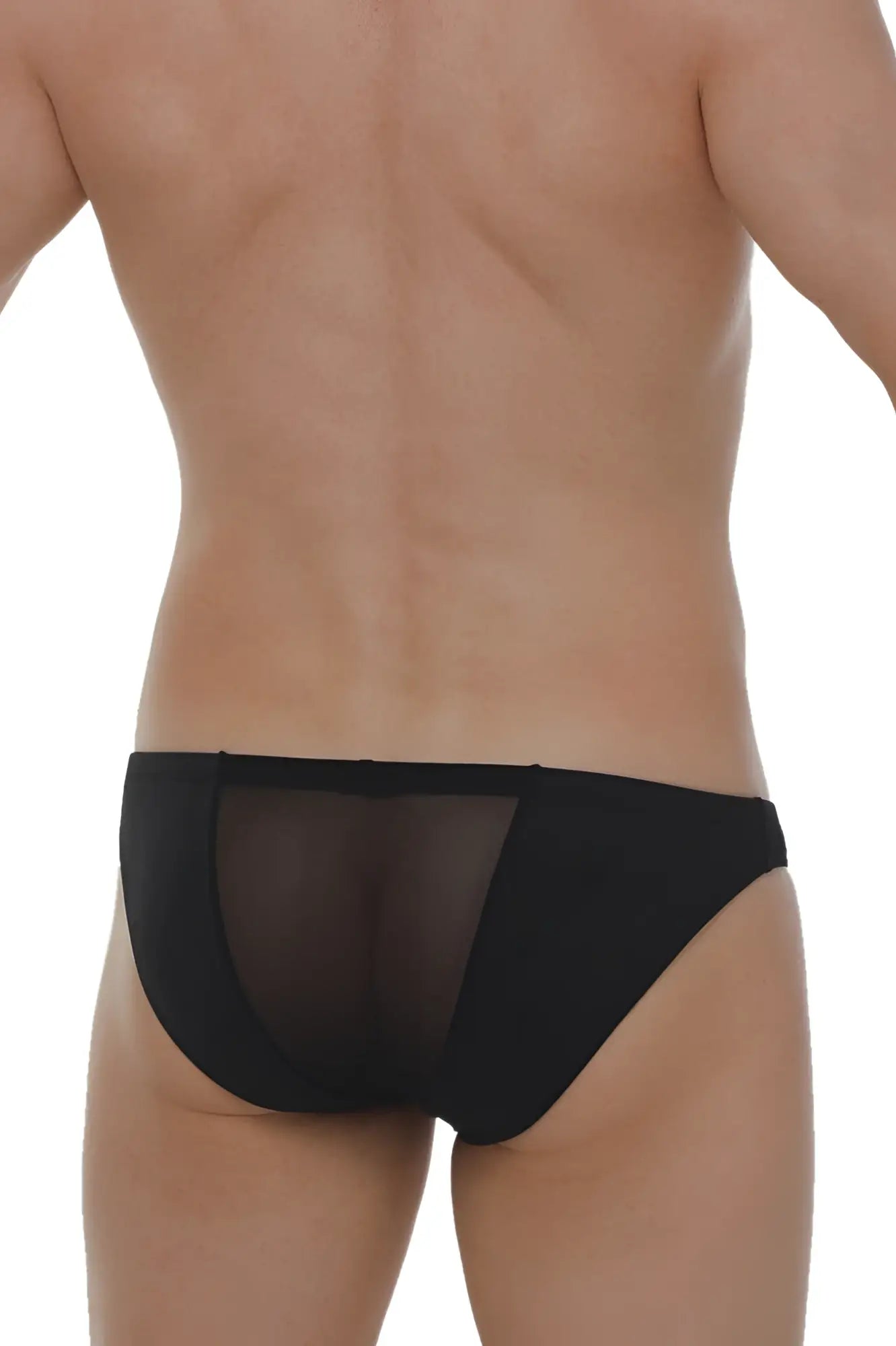 Black mesh briefs with a solid black waistband from brief myennnes designed for breathable comfort