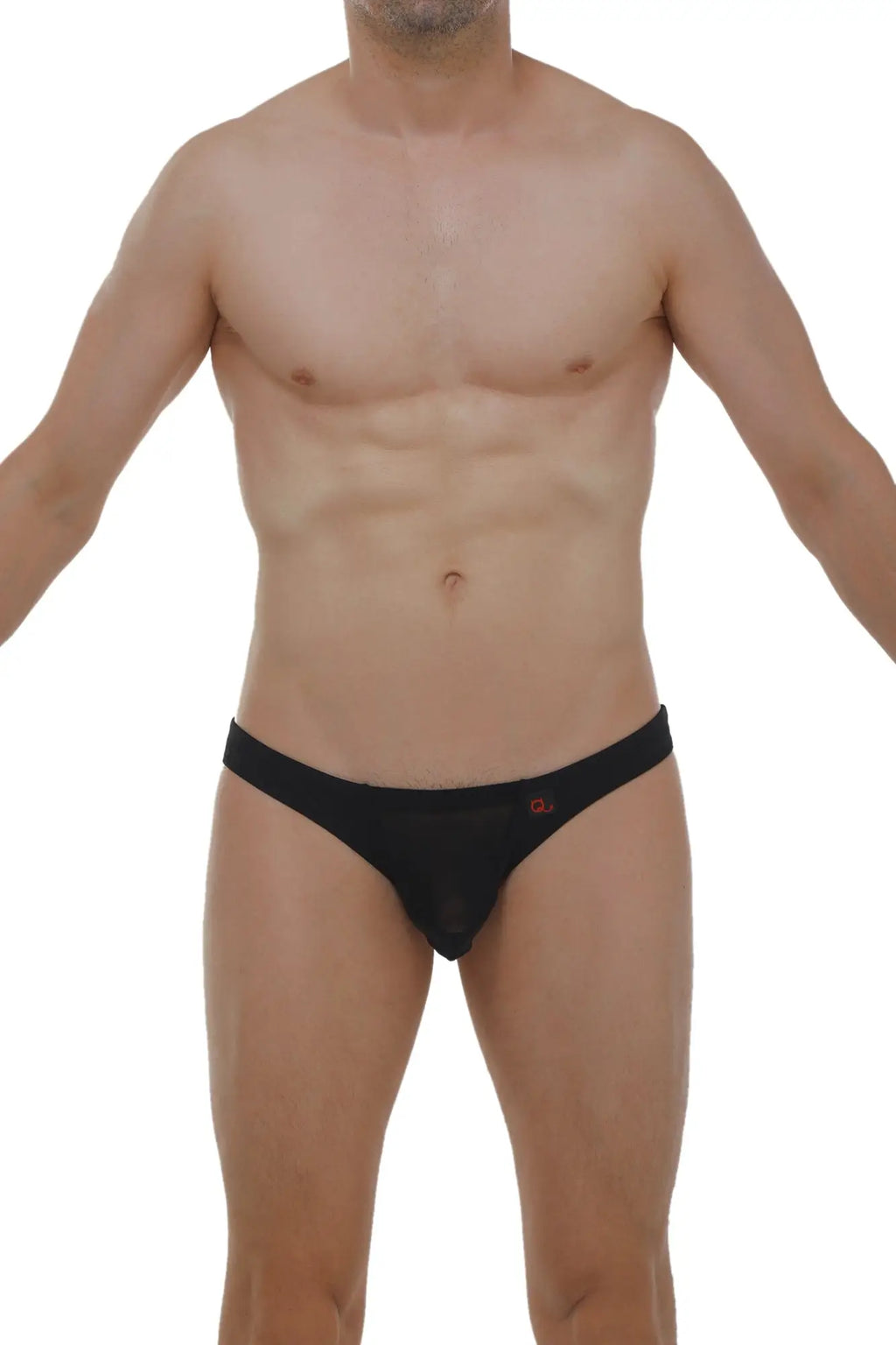 Black briefs with a subtle red logo on the left hipband from brief myennnes, designed for comfort and style
