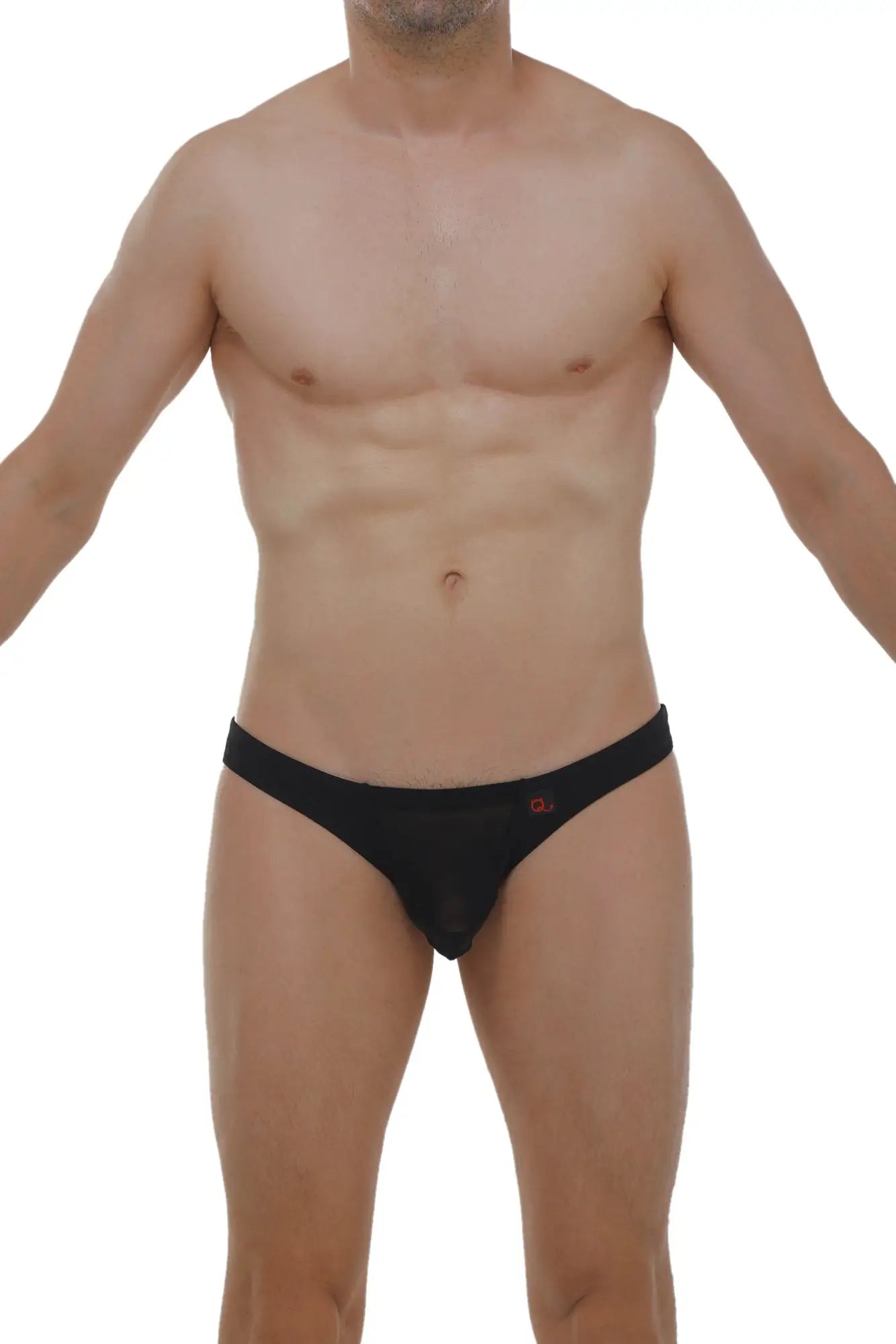 Black briefs with a subtle red logo on the left hipband from brief myennnes, designed for comfort and style
