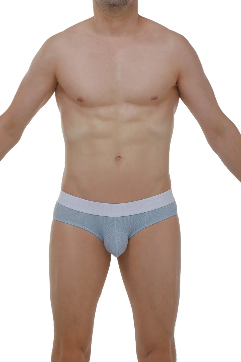 Light blue textured briefs with contrasting white waistband made from ribbed fabric for comfortable everyday wear