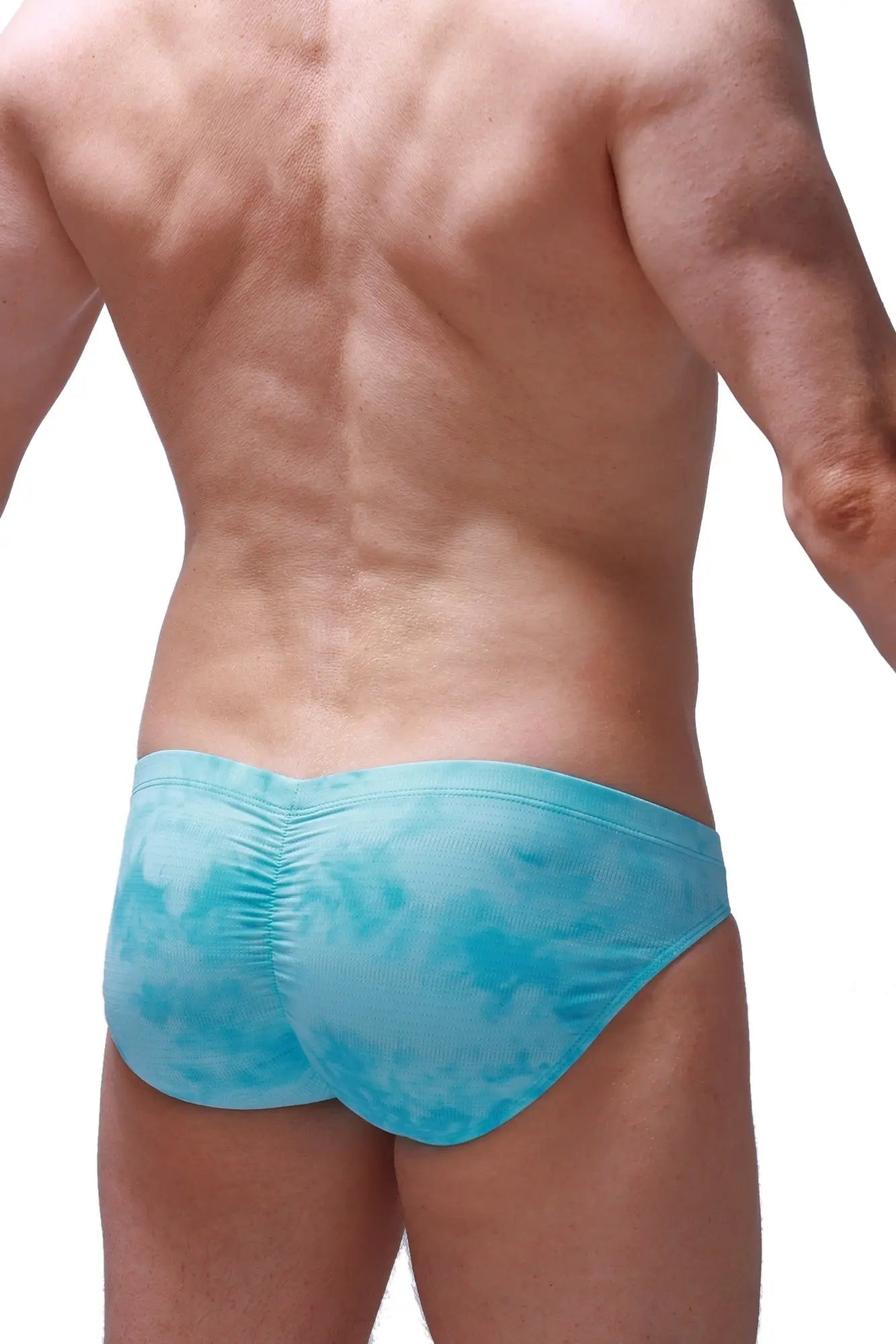 Light blue tie-dye swim trunks brief peraut marbre green with ruched back design for swimwear use