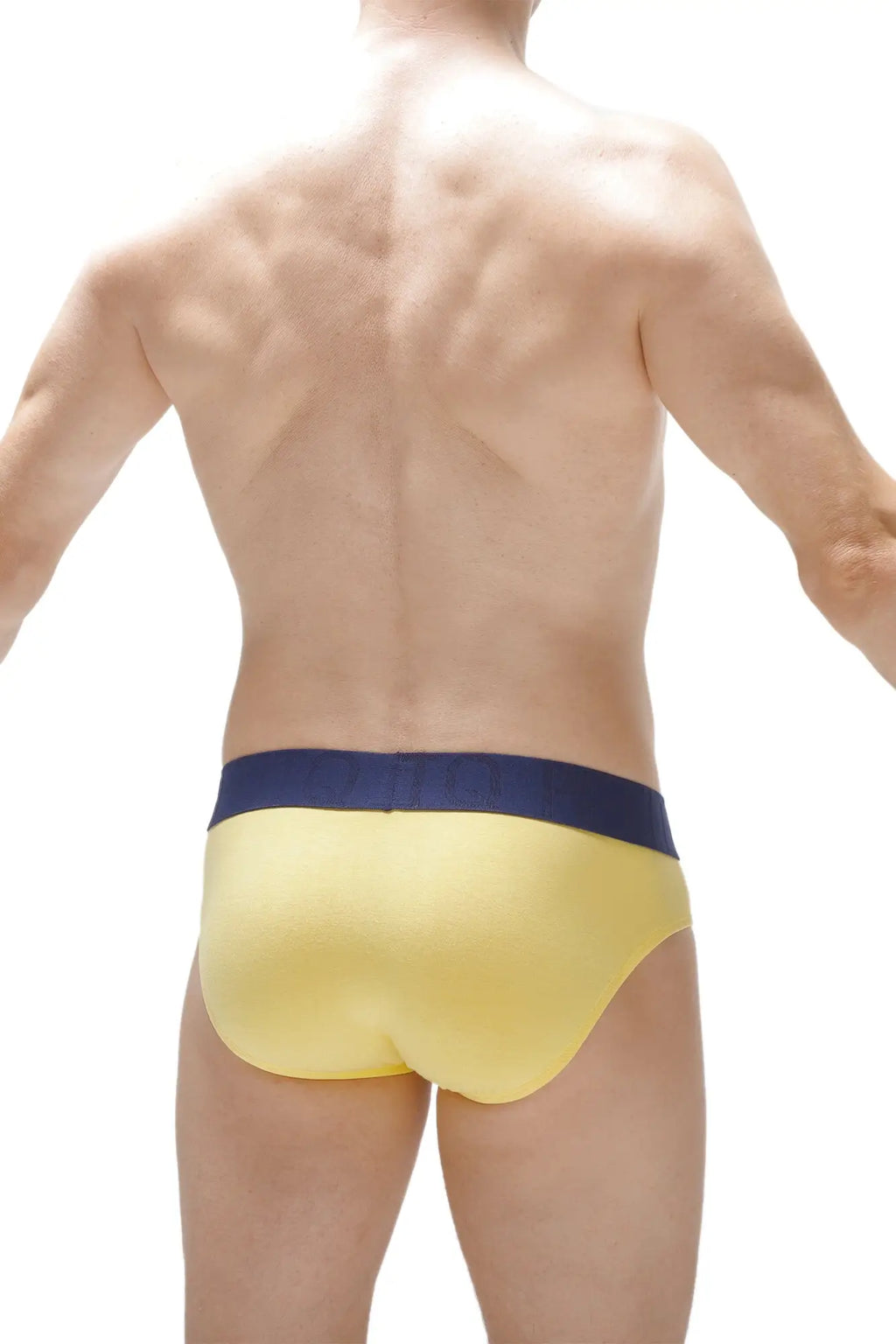 Yellow briefs with a navy blue waistband made from bamboo fabric in the brief protruder bamboo yellow collection