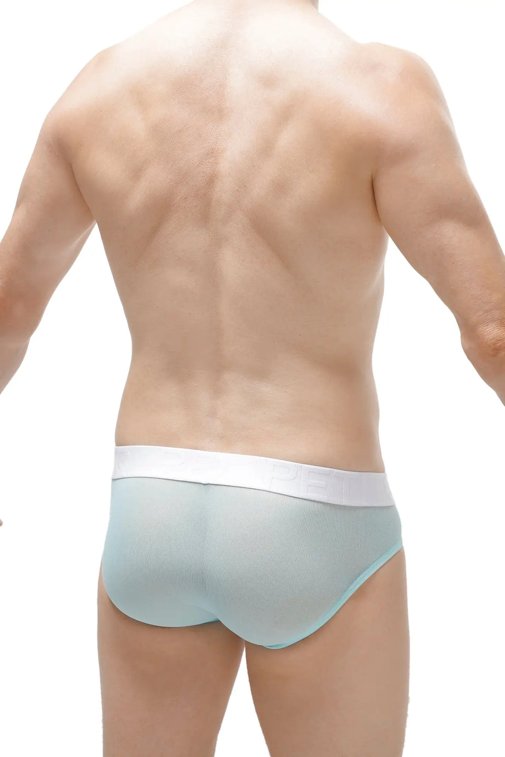 Light blue seamless briefs with white elastic waistband featuring a detachable net in teal for enhanced support