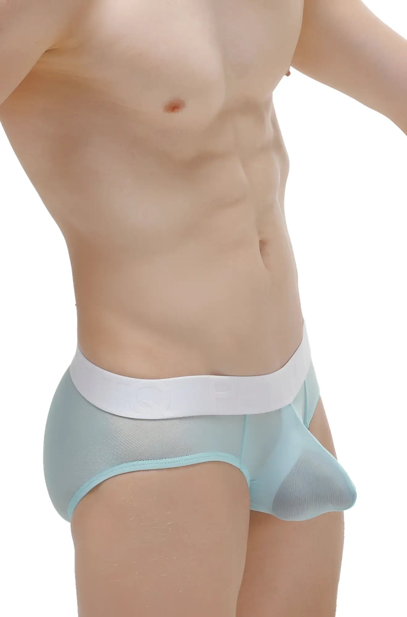 Light blue sheer mesh briefs with a white elastic waistband featuring detachable net in teal color