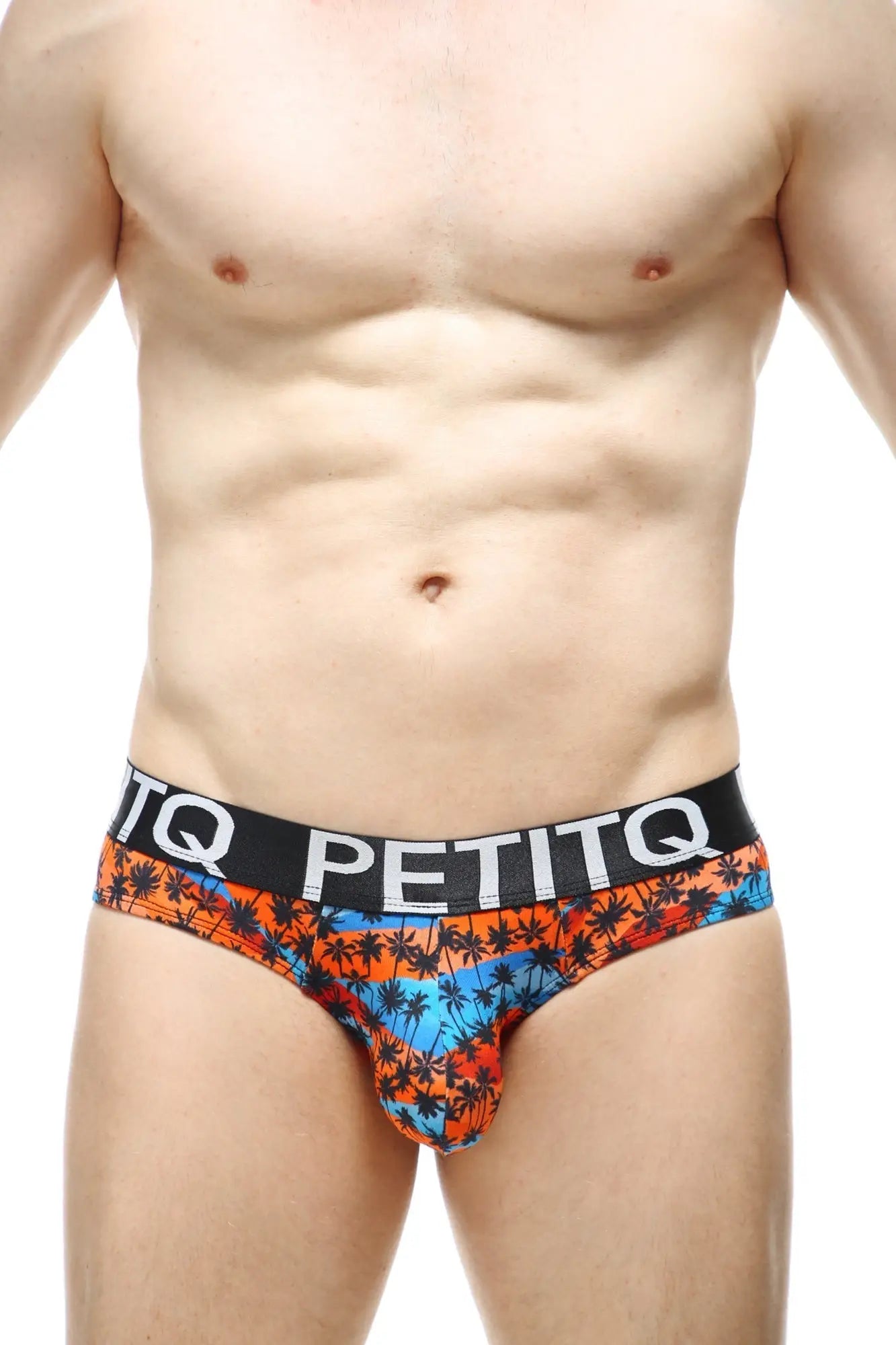 Brief protruder temae men’s briefs with orange and blue tropical palm print and black waistband with white petitq logo