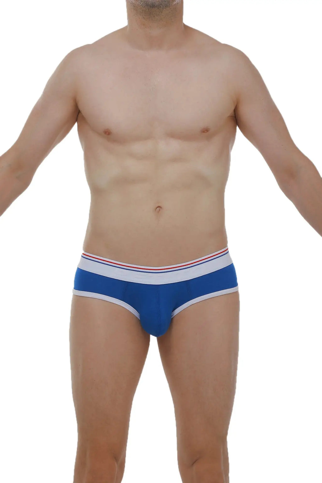 Brief retro modal blue men’s briefs in blue with a white and red striped waistband shown from the front