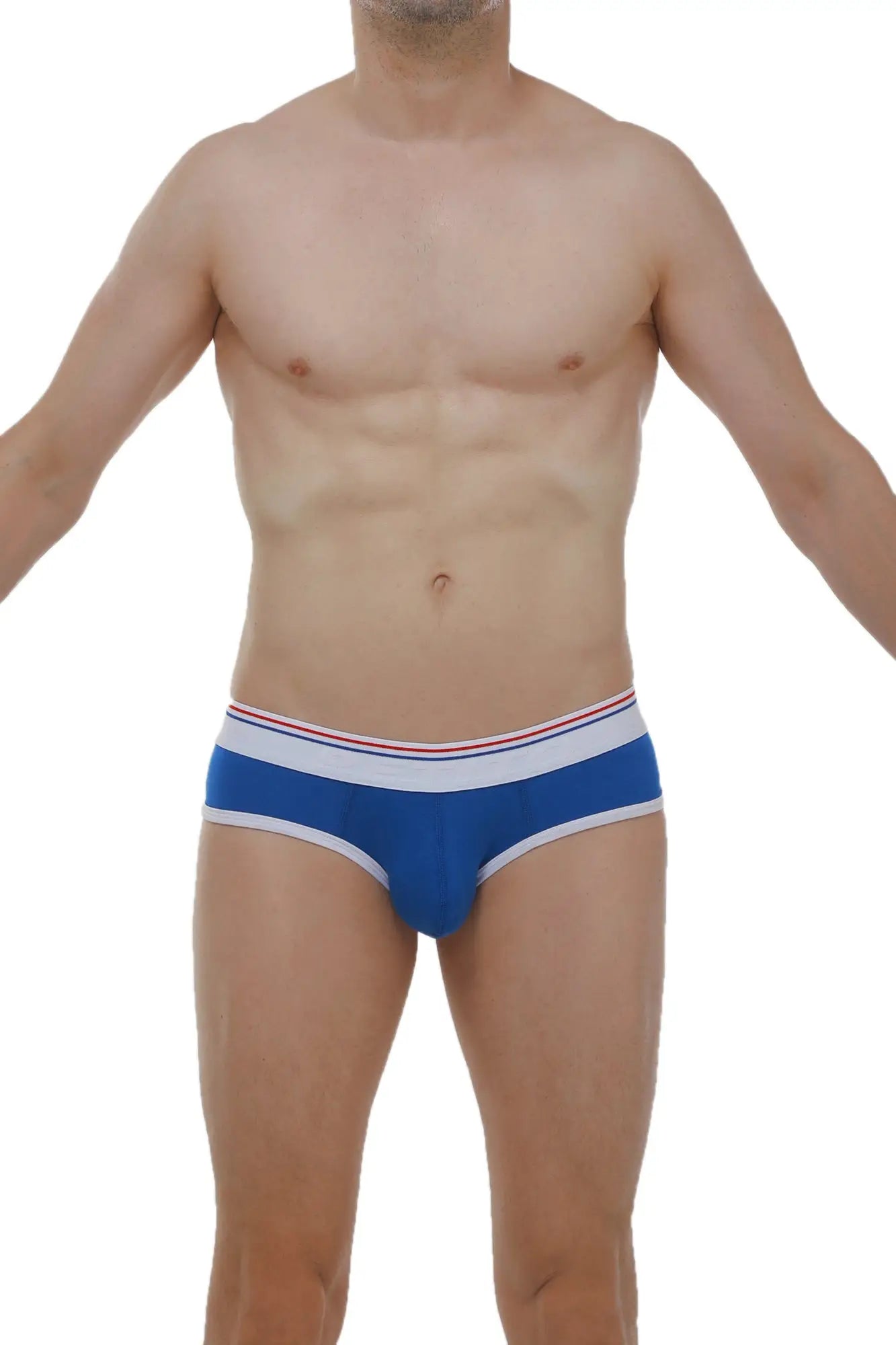 Brief retro modal blue men’s briefs in blue with a white and red striped waistband shown from the front