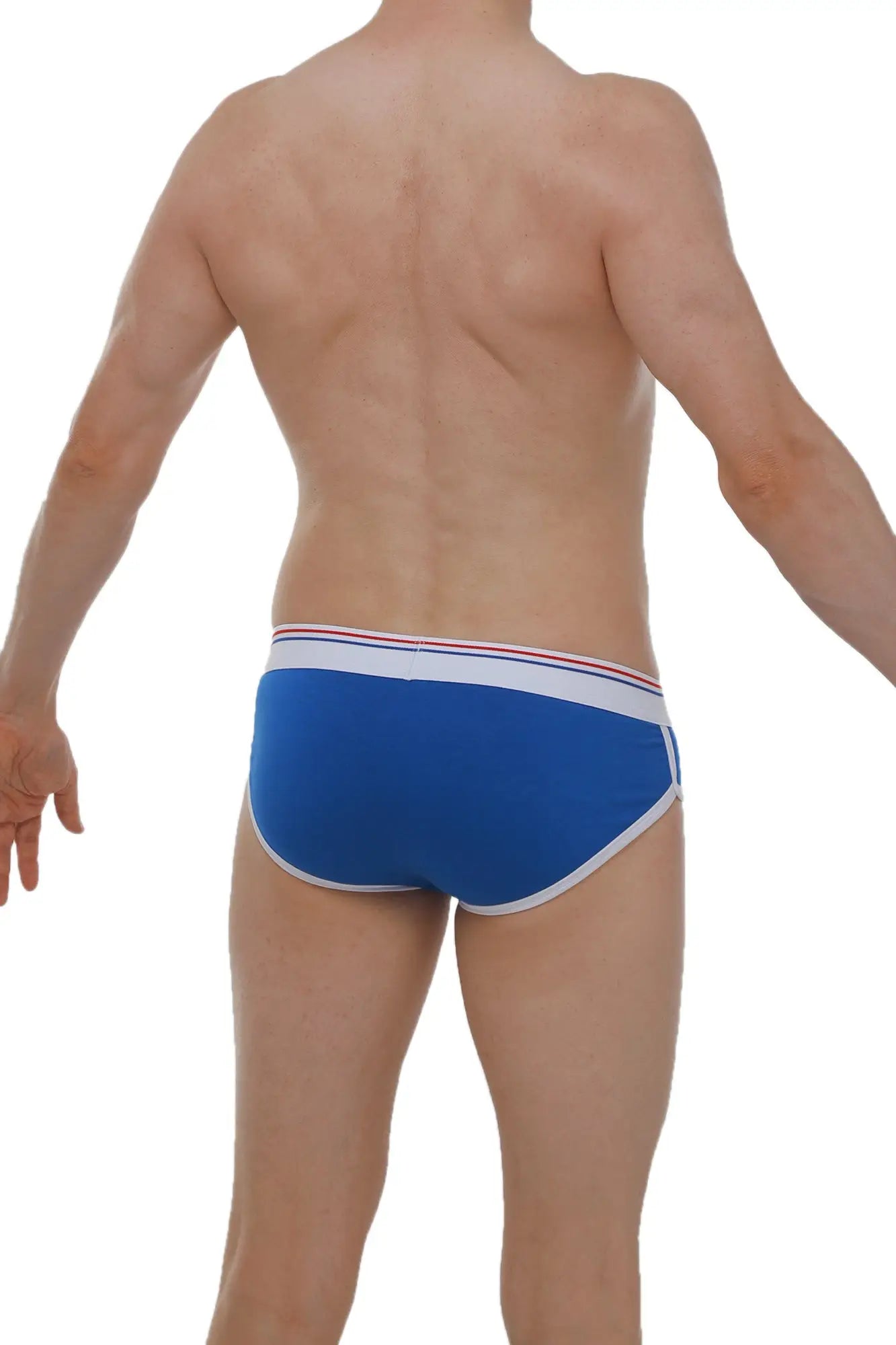 Blue men’s modal briefs with white trim and a thin red stripe along the waistband in a retro style