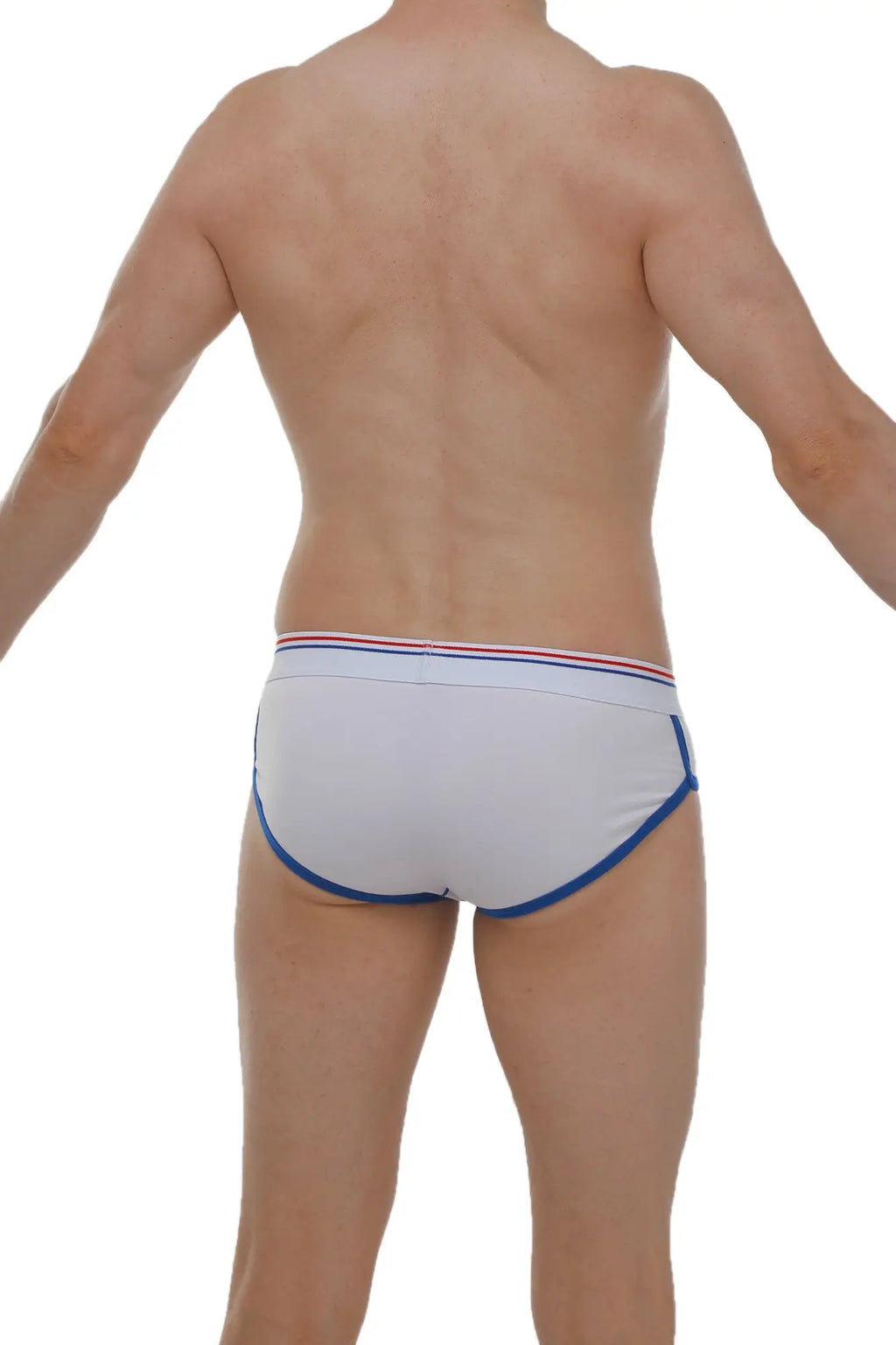 White briefs retro modal fabric with blue trim and a red white and blue striped waistband for comfortable wear