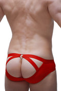 Brief scaux bee red back side showing red mesh briefs with bold strappy design and central metal ring