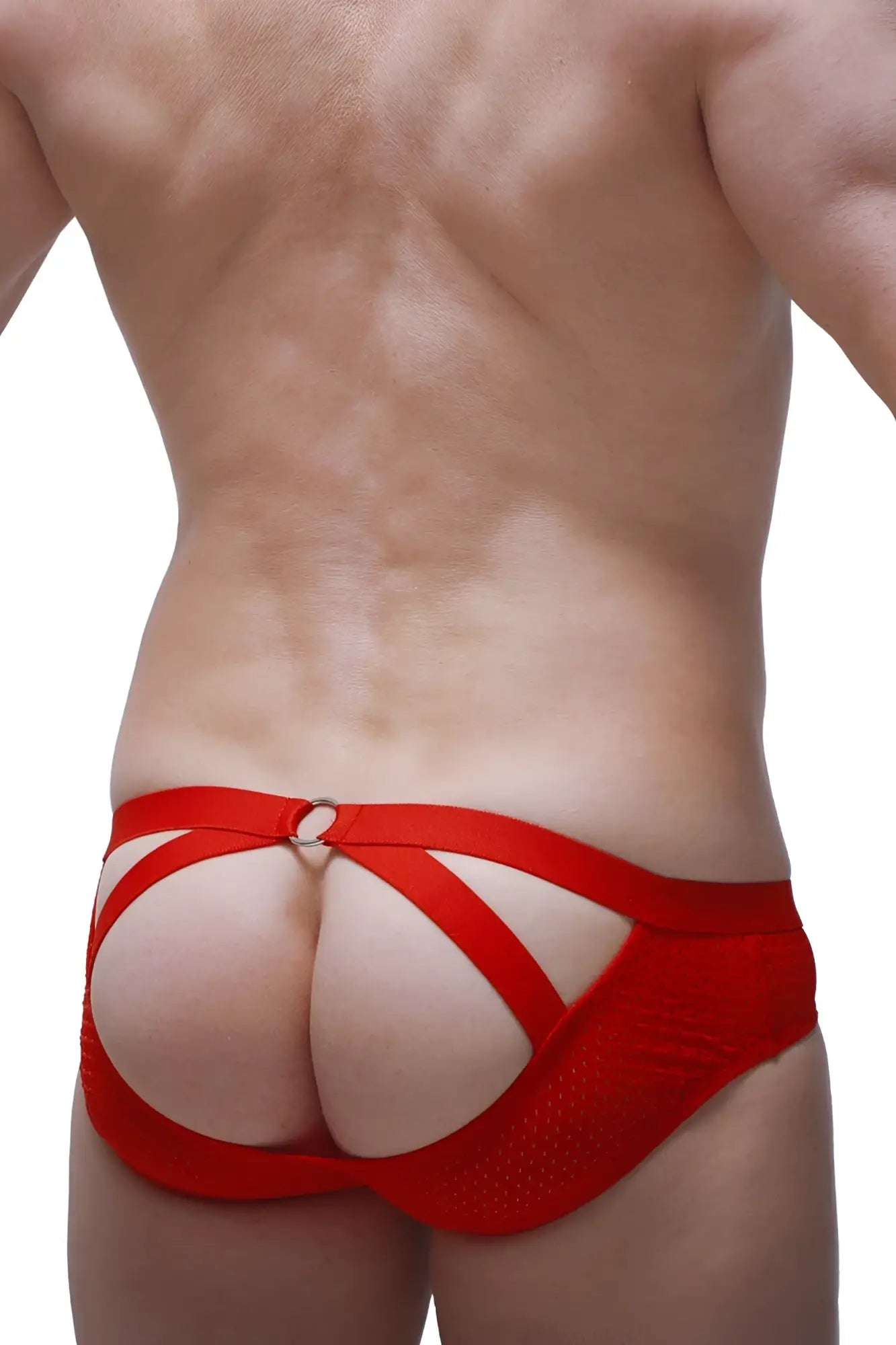 Brief scaux bee red back side showing red mesh briefs with bold strappy design and central metal ring