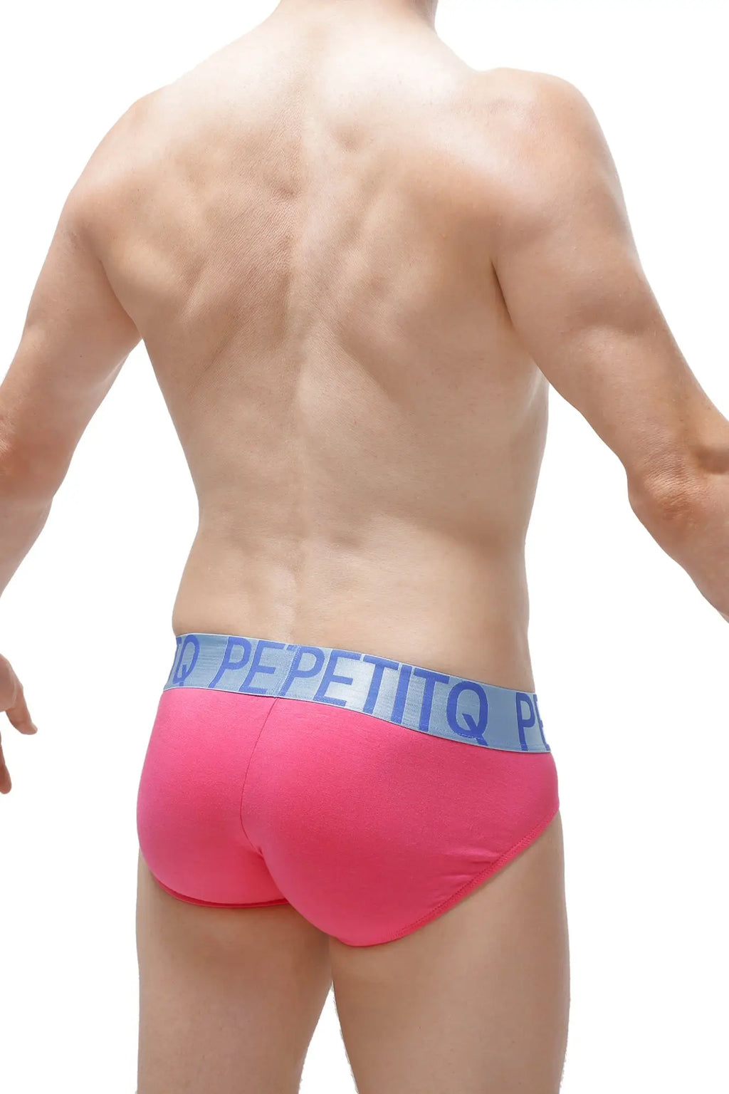 Bright pink brief taik modal fuchsia with light blue elastic waistband featuring pepetitq brand name in bold white letters