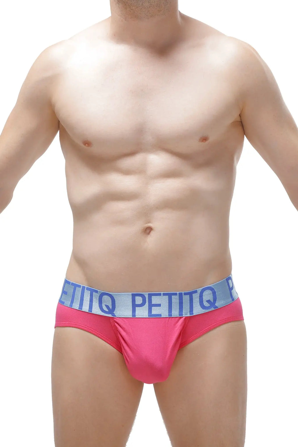 Bright pink brief taik modal fuchsia with light blue elastic waistband featuring bold brand name lettering