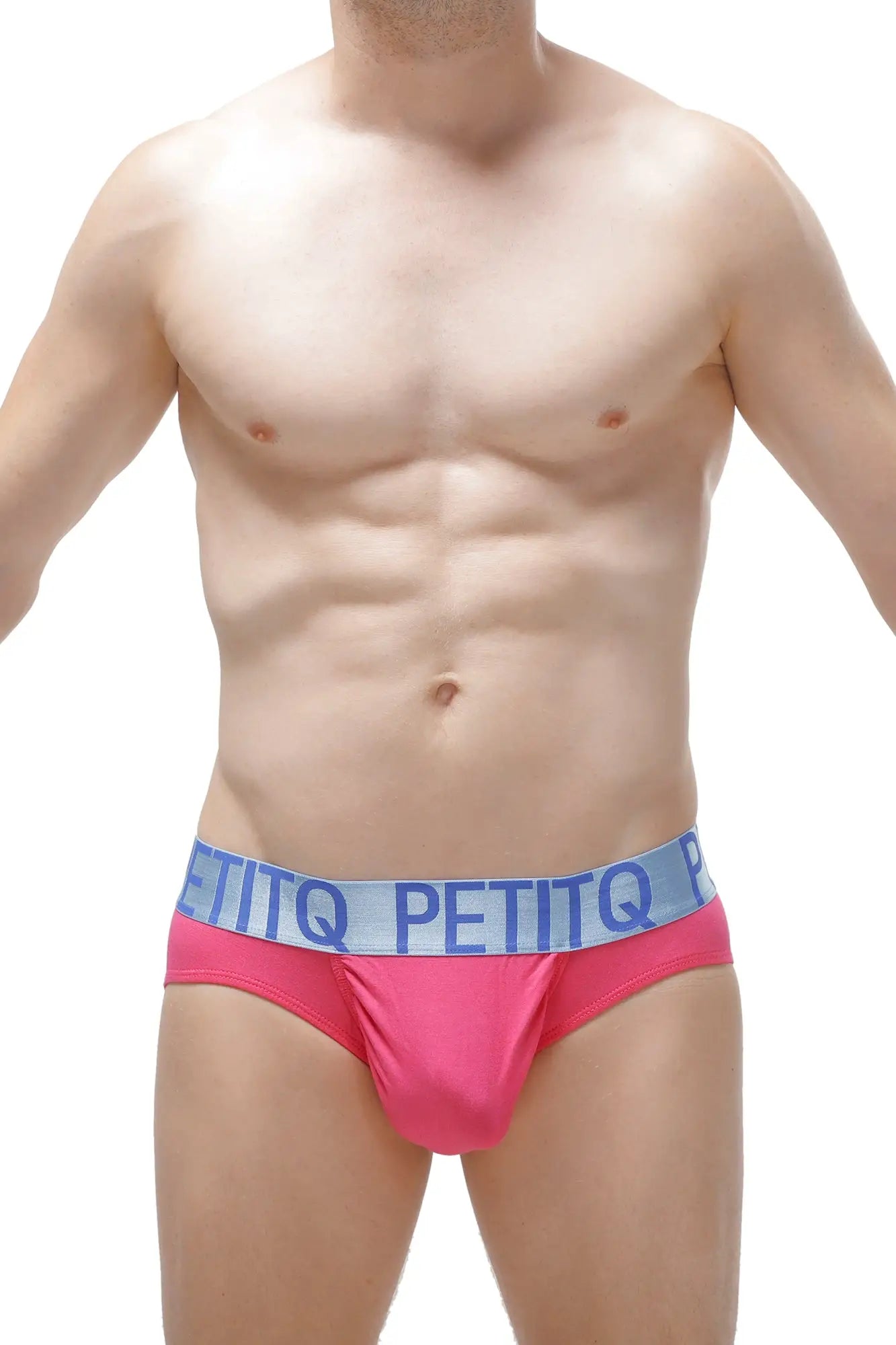 Bright pink brief taik modal fuchsia with light blue elastic waistband featuring bold brand name lettering
