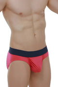 Brief taik modal fuchsia bright pink satin briefs with contrasting navy blue elastic waistband front view