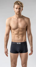 Black men’s brief trunks boxer briefs with gray logo waistband in breathable cotton fabric for daily comfort