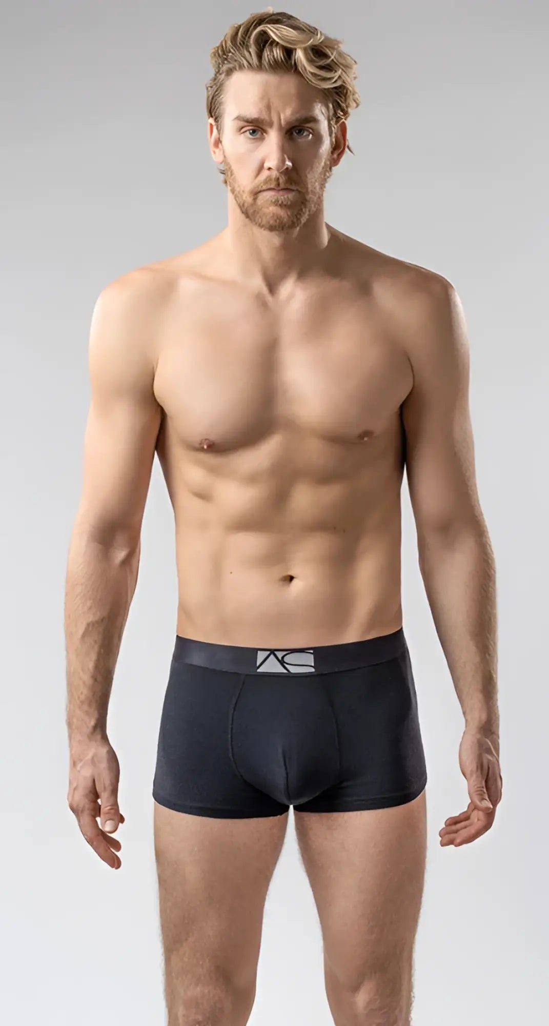 Black men’s brief trunks boxer briefs with gray logo waistband in breathable cotton fabric for daily comfort