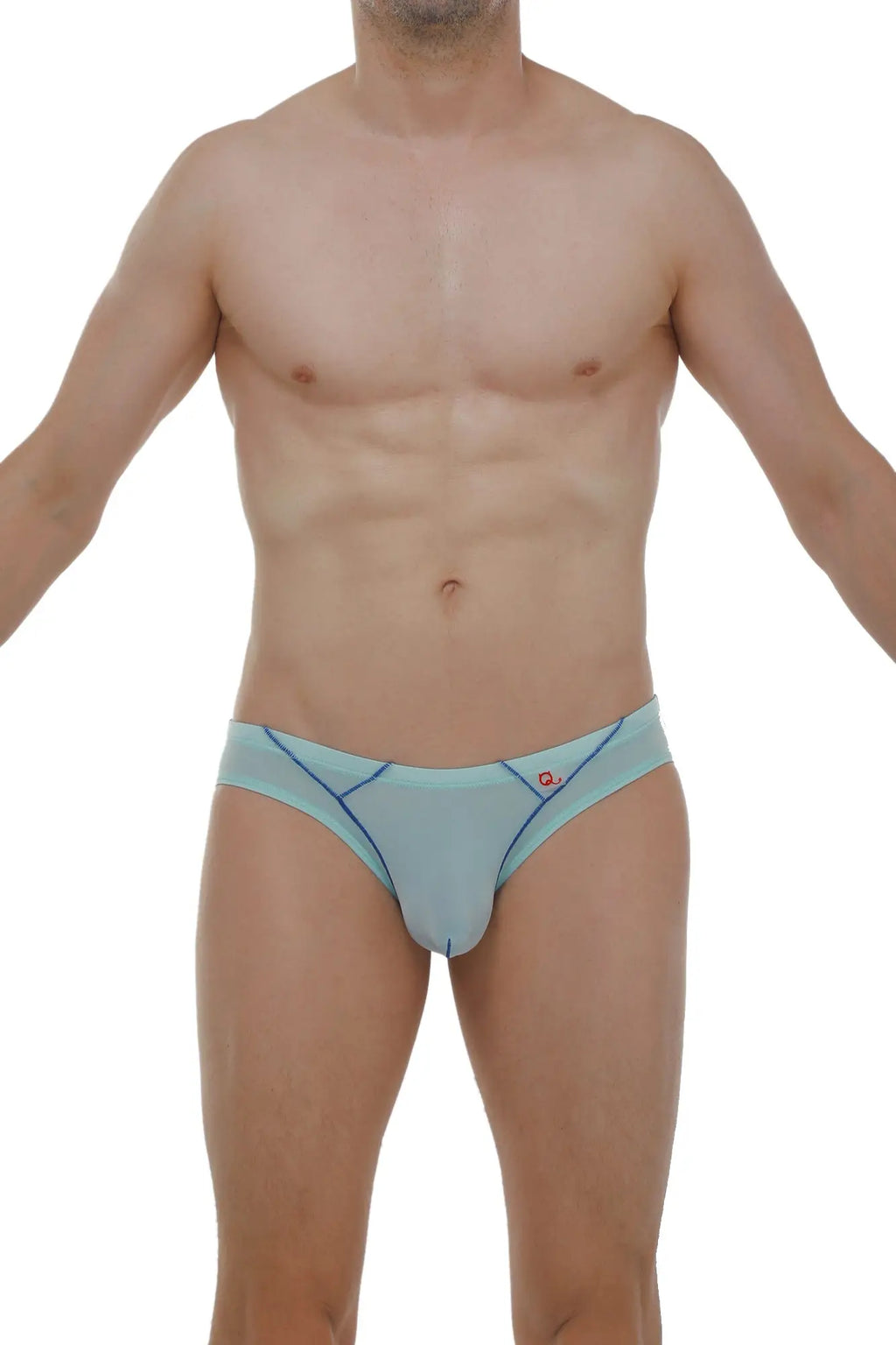 Light blue athletic briefs with navy trim and a red logo on the left hip from the brief upaix plum sky blue collection