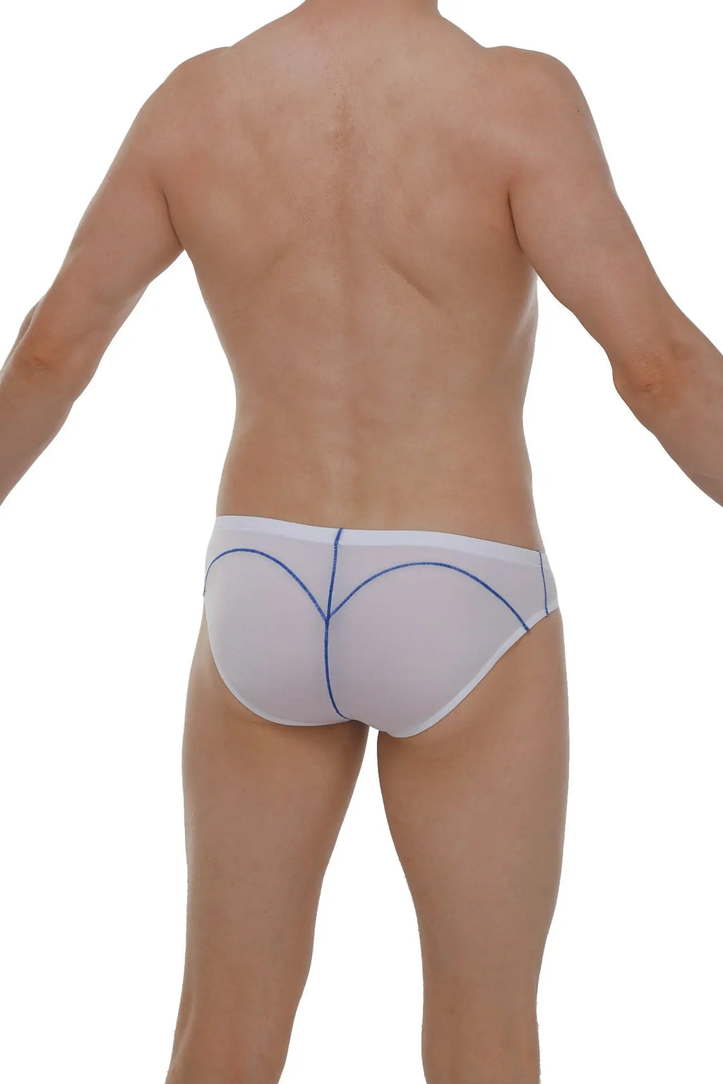 Brief upaix plum white white mesh briefs with blue stitching along the seams front view