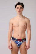 Briefs with blue and white patterns and a black elastic waistband branded adam smith for comfortable everyday wear