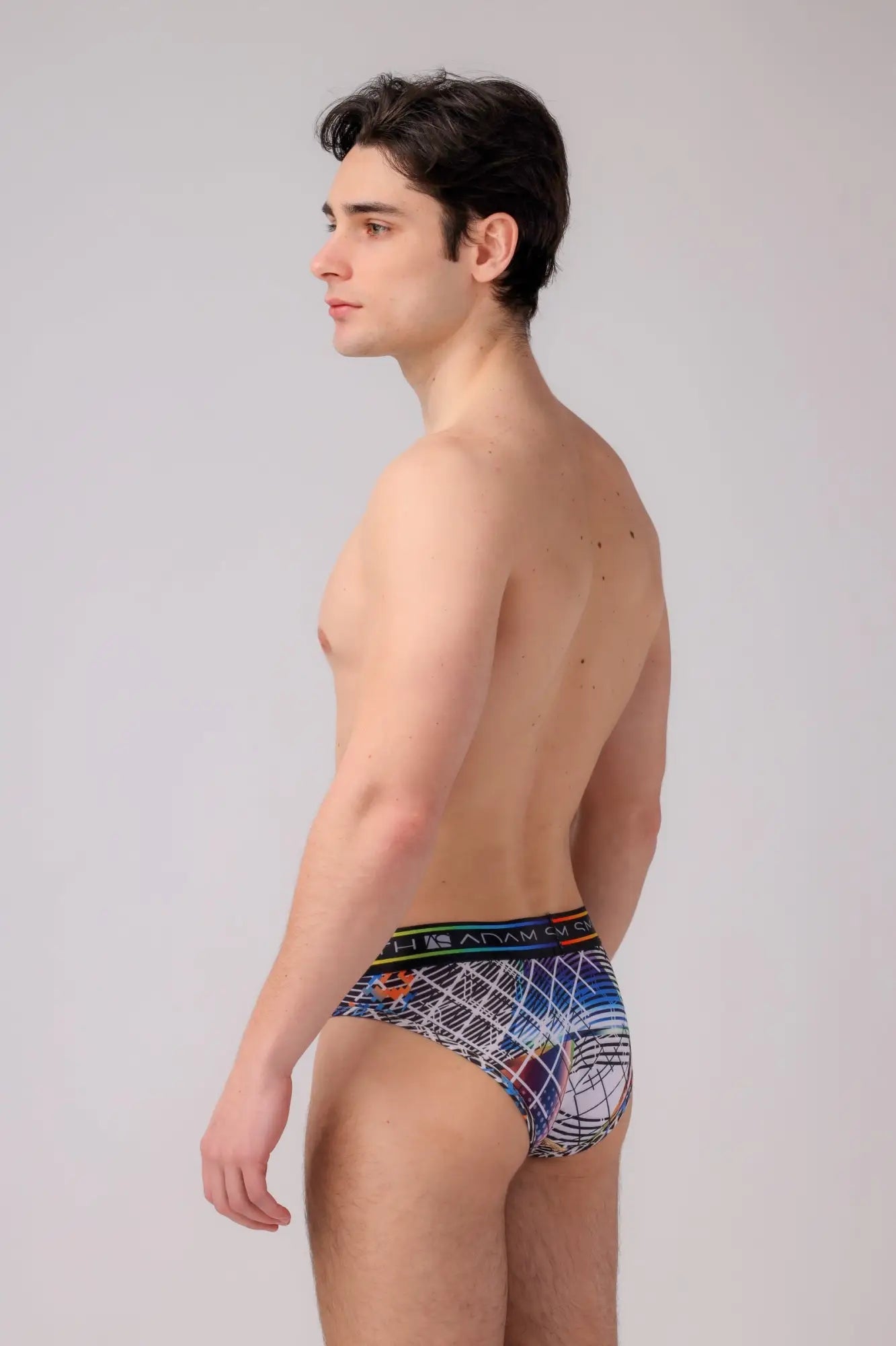 Men’s briefs with a blue black and white geometric pattern designed for comfortable everyday wear