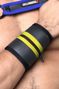 Black and neon yellow buckle up cuff wrist cuff with blue cellblock strap and zipper available in 5 colors