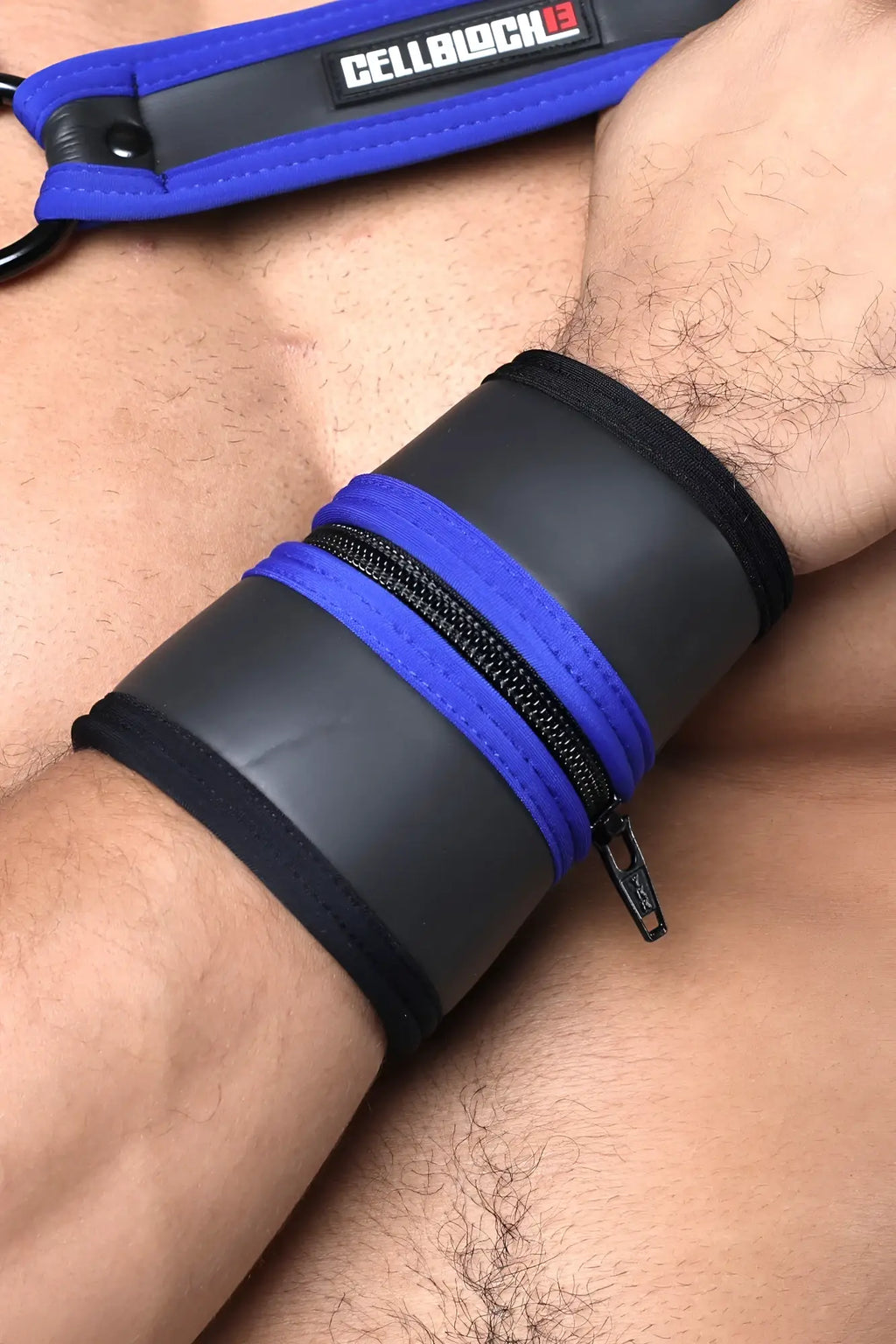 Blue and black leather buckle up cuff with zipper detail available in 5 colors for stylish wrist wear