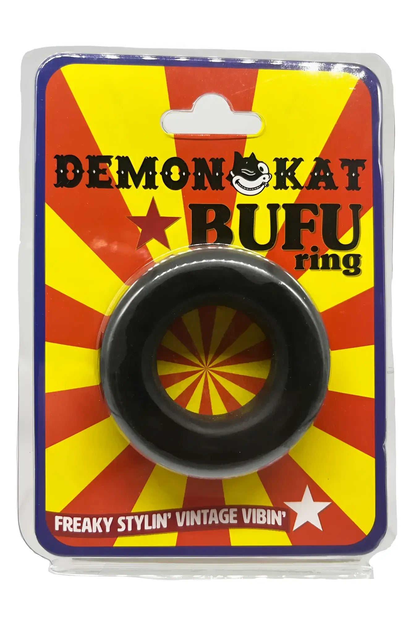 Black silicone bufu ring displayed in colorful demon kat bufu branded packaging for stylish everyday wear
