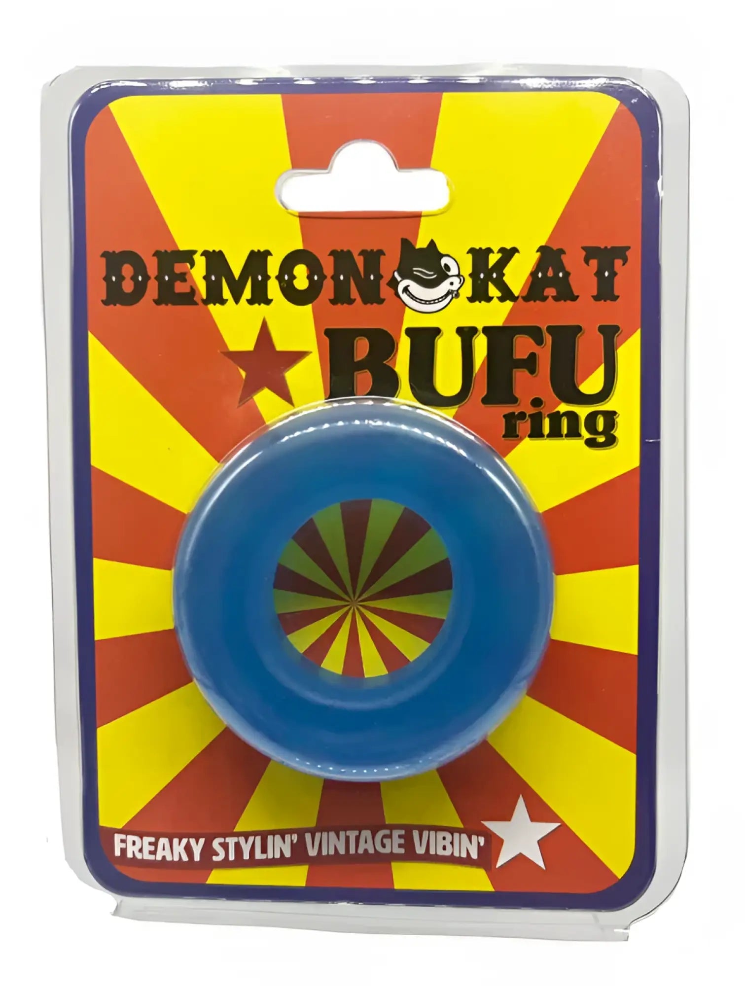 Blue plastic Bufu ring with colorful radial pattern on vibrant red and yellow cardboard backing packaging