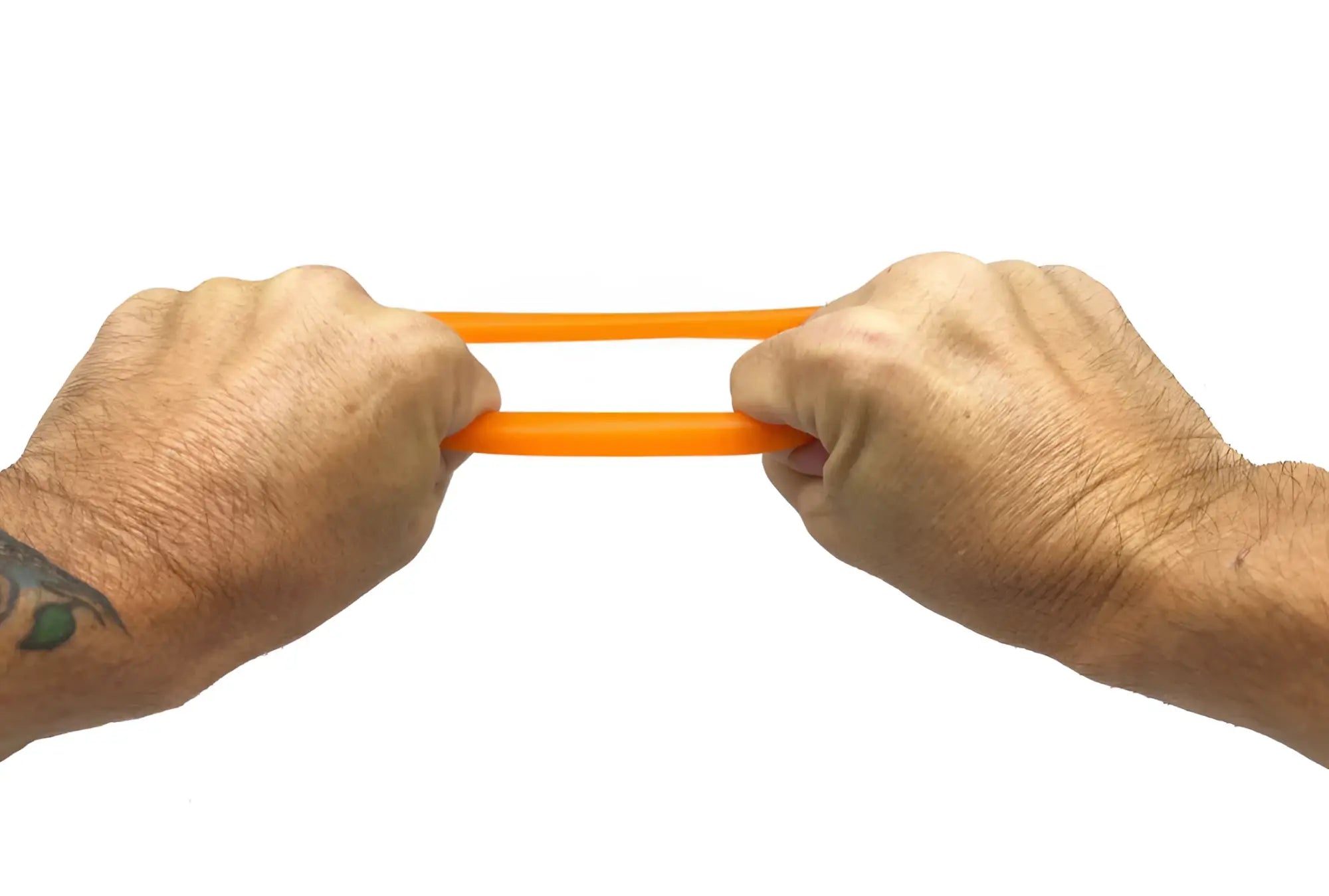 Bright orange elastic bufu ring being stretched between two hands for flexible resistance and durability
