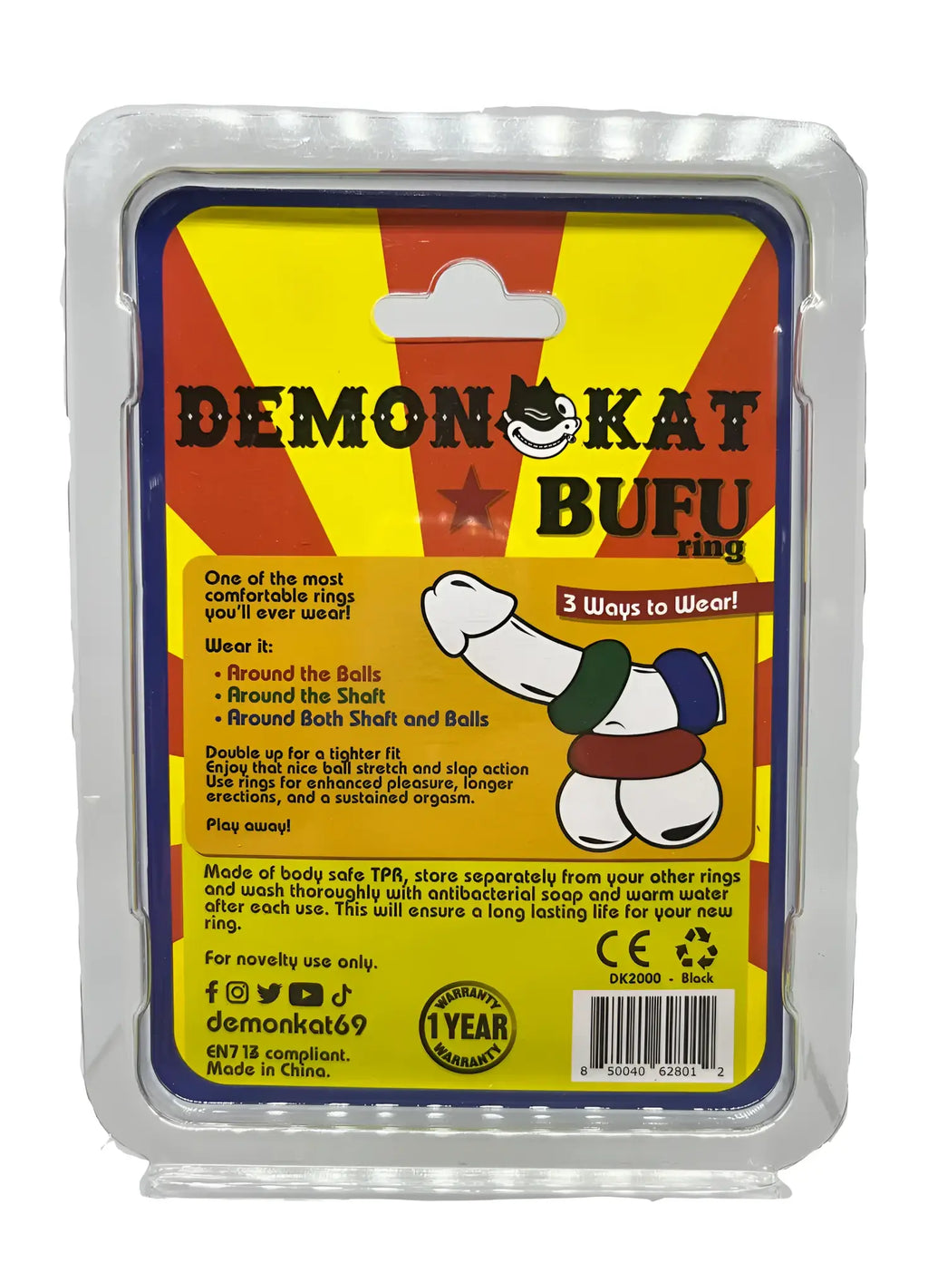 Demon kat bufu ring playful tpr sex toy with cartoon demon design and three wearing options in black color