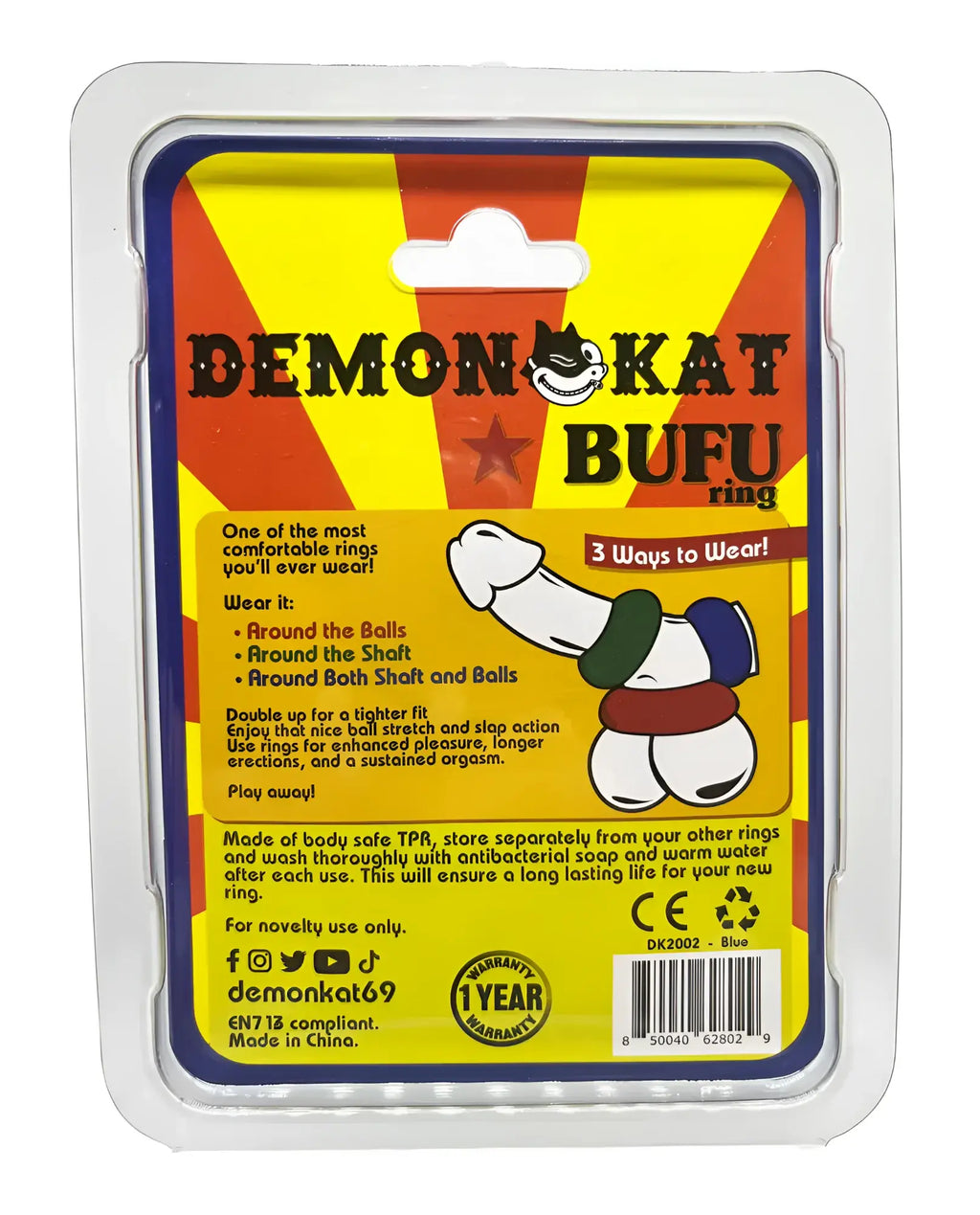 Bufu ring tpr sex toy by Demonkat with colorful cartoon packaging and three adjustable wearing options