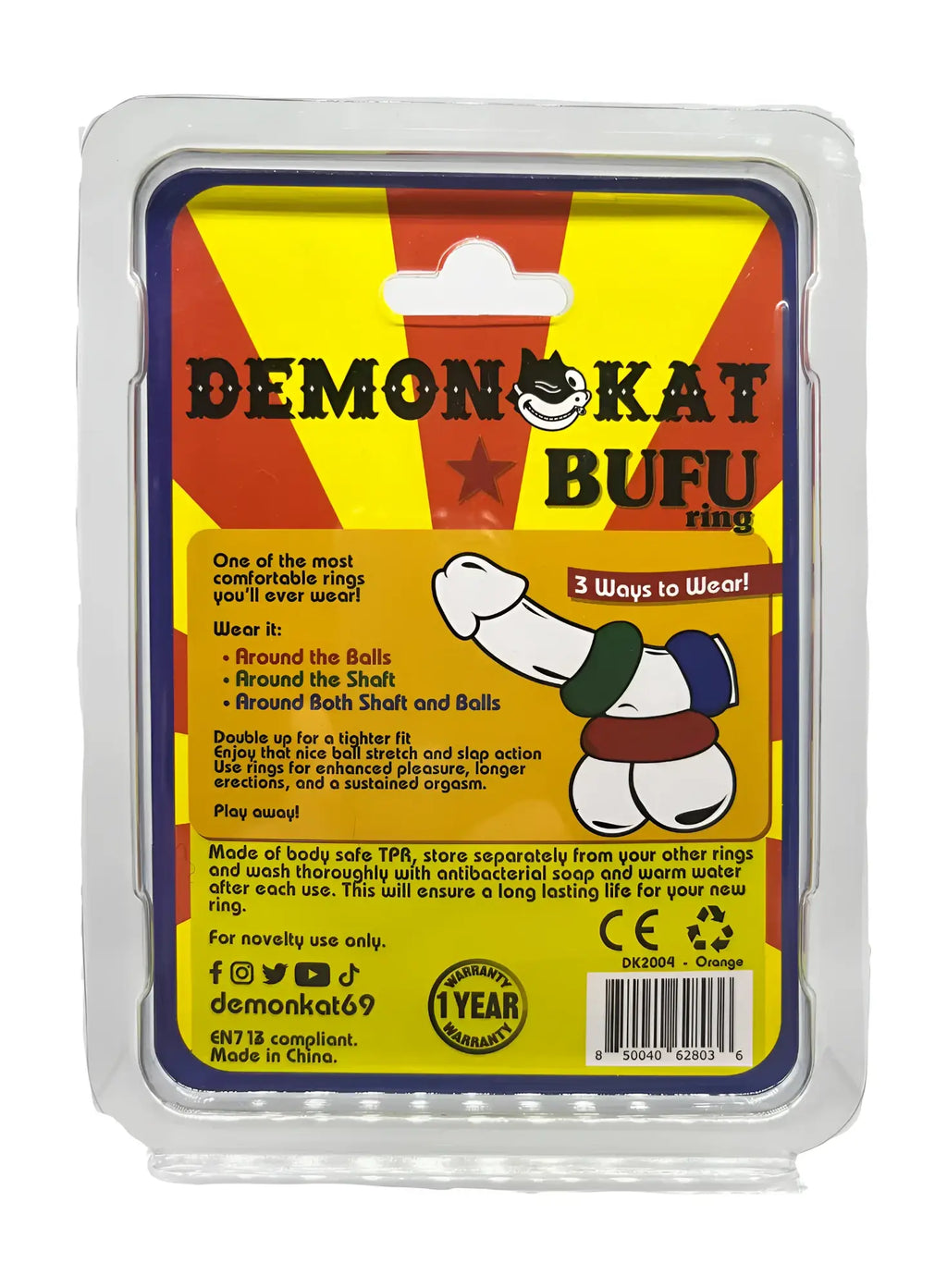 Bufu ring by demonokat is a novelty sex toy made of body-safe tpr with green and red colorful banding
